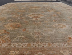 Large Turkish Angora Oushak Rug with Soft Green Field and Rust Accents