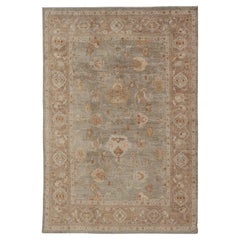 Large Turkish Angora Oushak Rug with Soft Green Field and Rust Accents