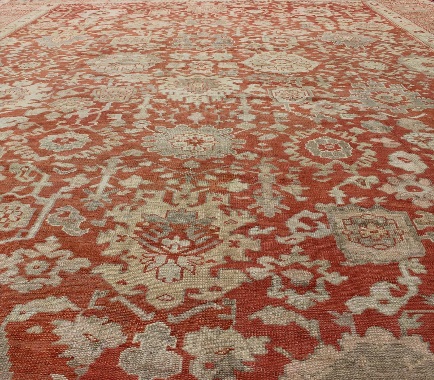Large Antique Oushak Rug with Floral Design in Soft Orange, Taupe, Light Green In Good Condition For Sale In Atlanta, GA