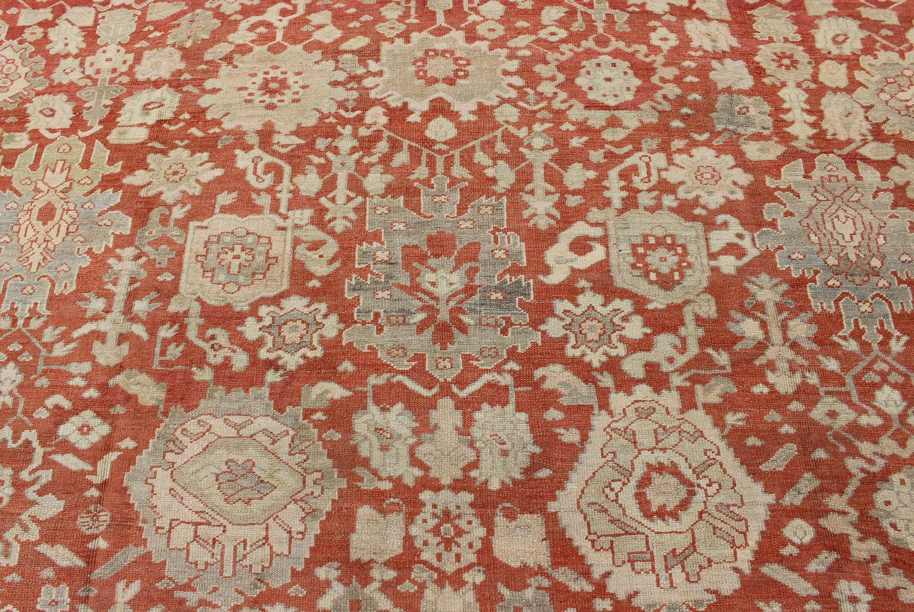 Late 19th Century Large Antique Oushak Rug with Floral Design in Soft Orange, Taupe, Light Green For Sale