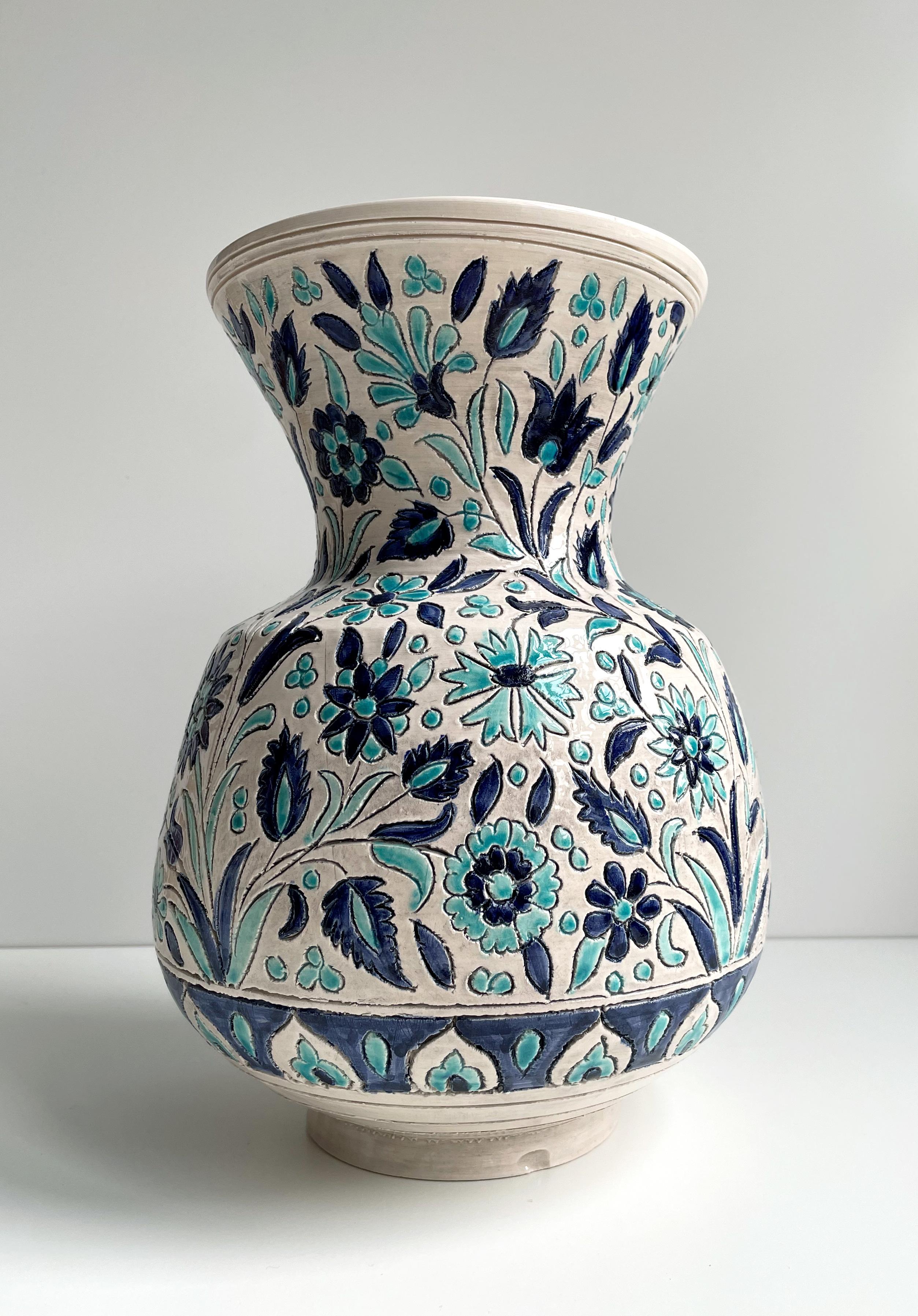 Hand-Carved Large Vintage Turkish Floral Blue White Ceramic Vase For Sale