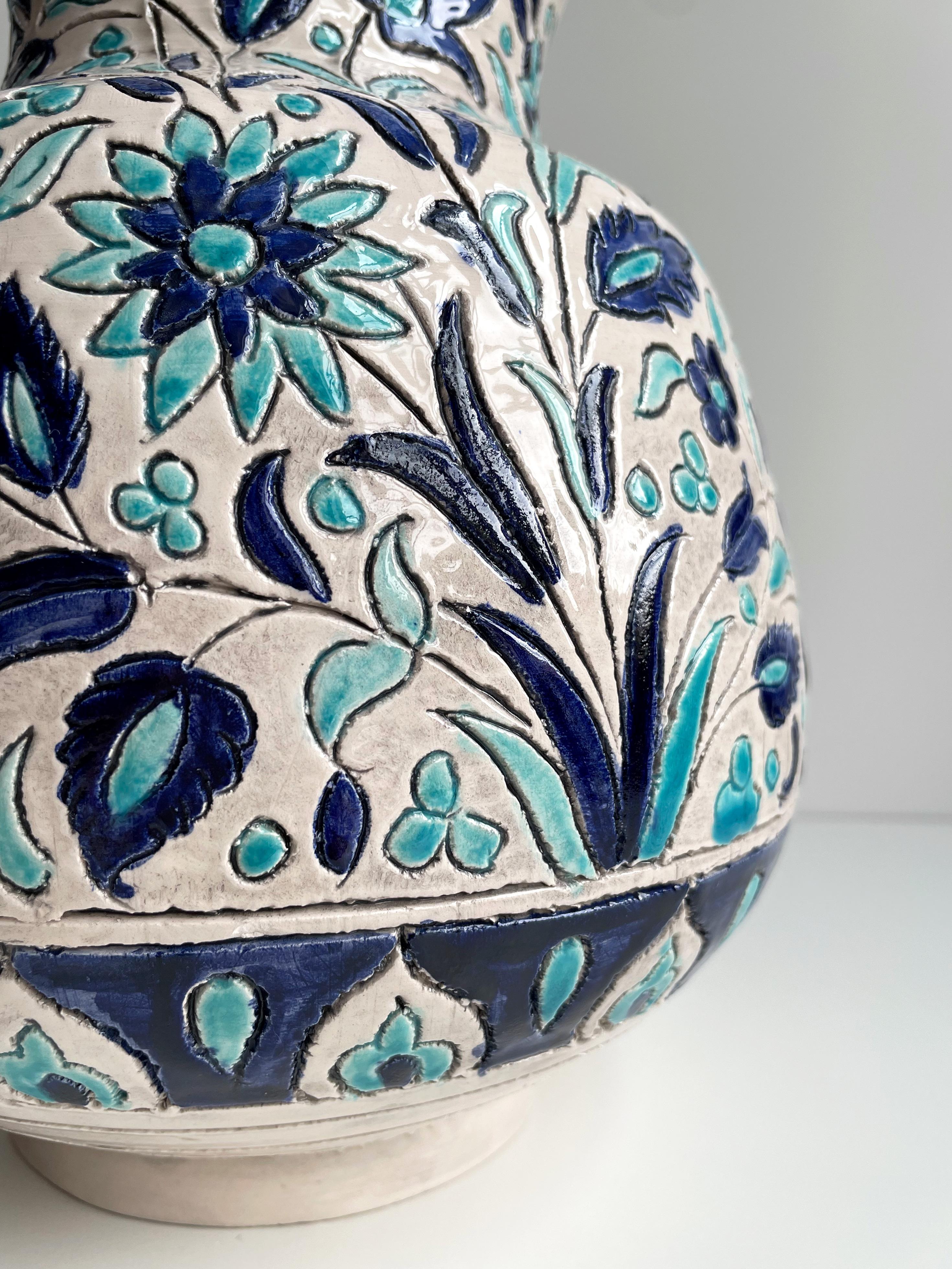 20th Century Large Vintage Turkish Floral Blue White Ceramic Vase For Sale