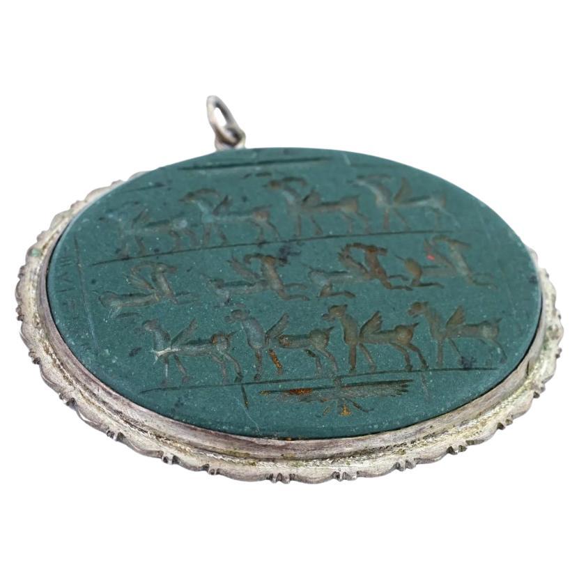 Large Turkish Carved Intaglio Pendant In Silver Frame