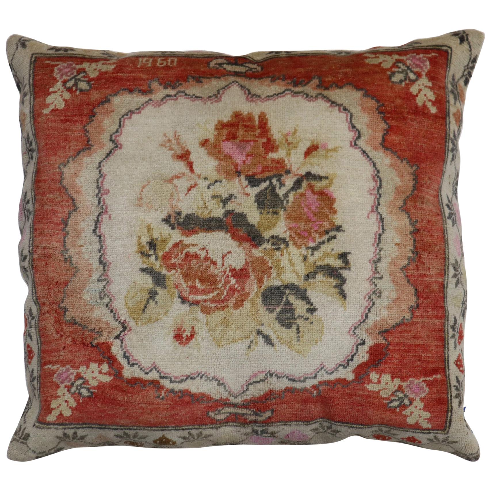 Large Turkish Floor Size Floral Pillow, Dated 1960