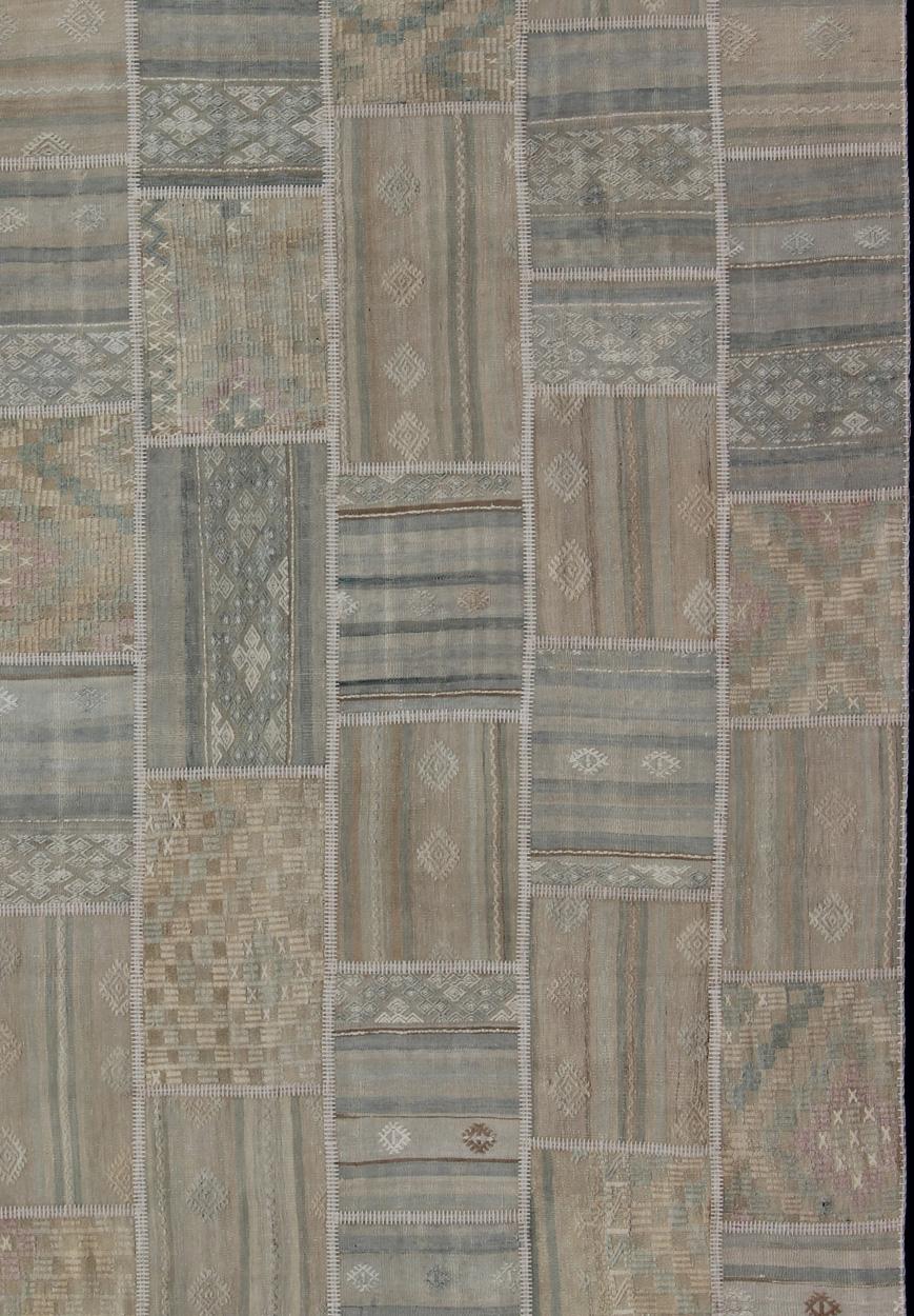 Large Turkish Kilim in Tan, Blue, Taupe, Light Green & Neutral Colors For Sale 4