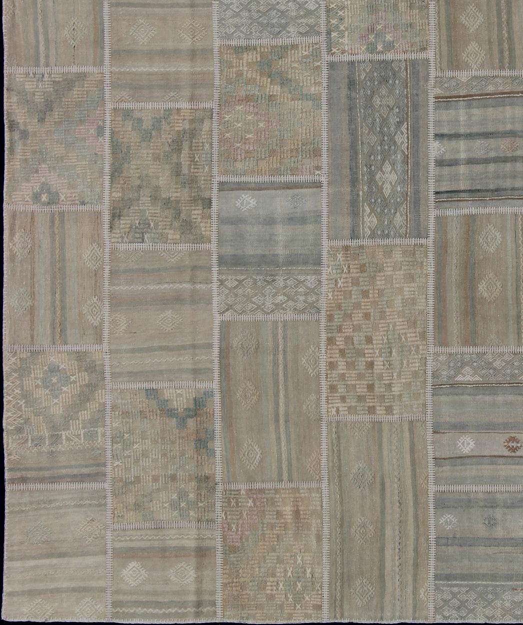 Large Turkish Kilim in Tan, Blue, Taupe, Light Green & Neutral Colors For Sale 5
