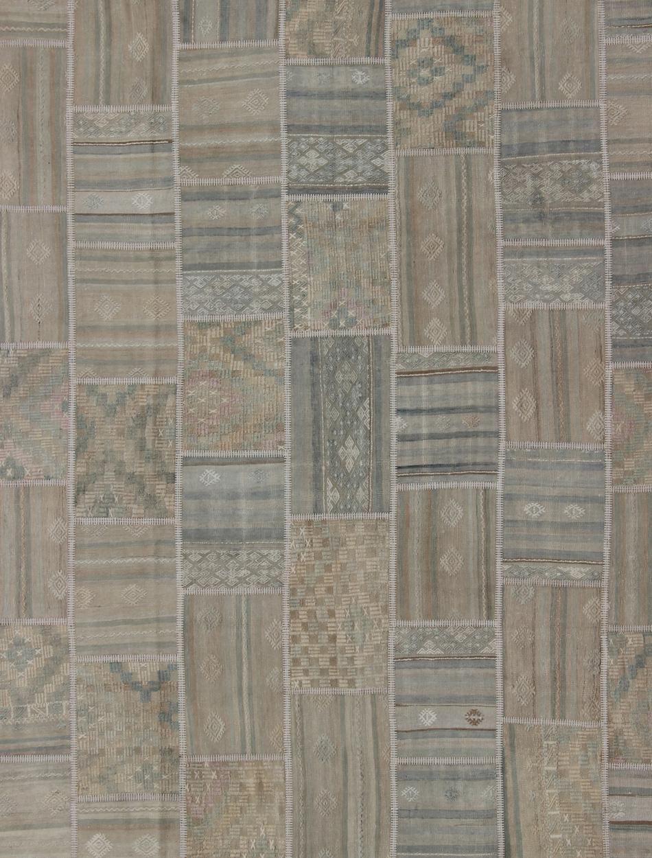 Large Turkish Kilim in Tan, Blue, Taupe, Light Green & Neutral Colors For Sale 6