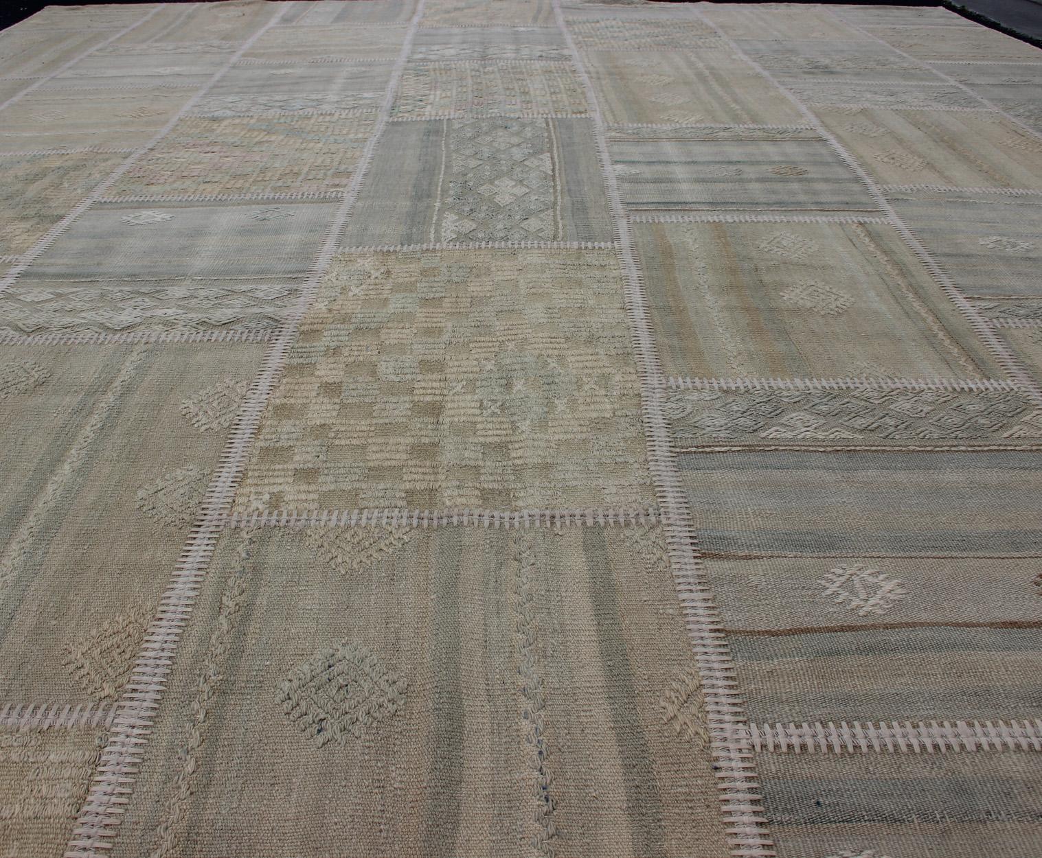 Hand-Knotted Large Turkish Kilim in Tan, Blue, Taupe, Light Green & Neutral Colors For Sale