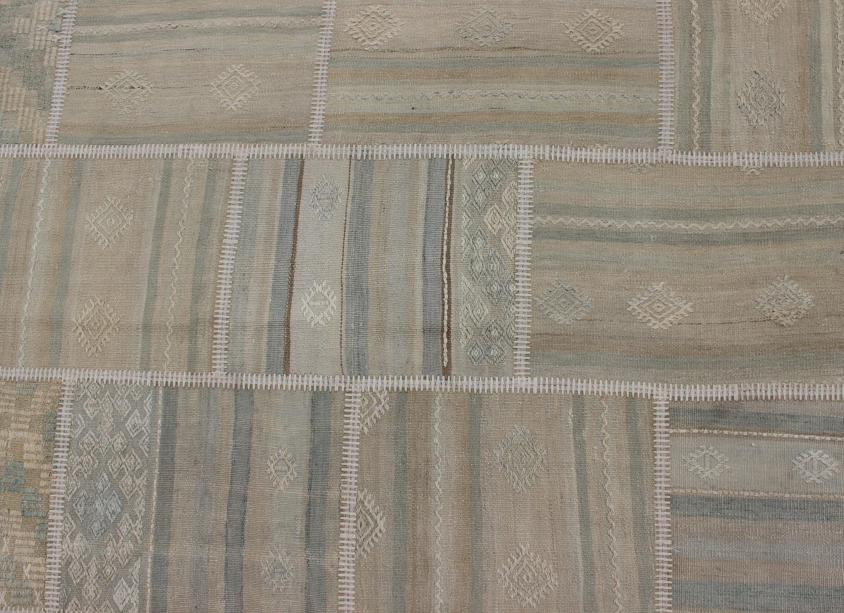 20th Century Large Turkish Kilim in Tan, Blue, Taupe, Light Green & Neutral Colors For Sale