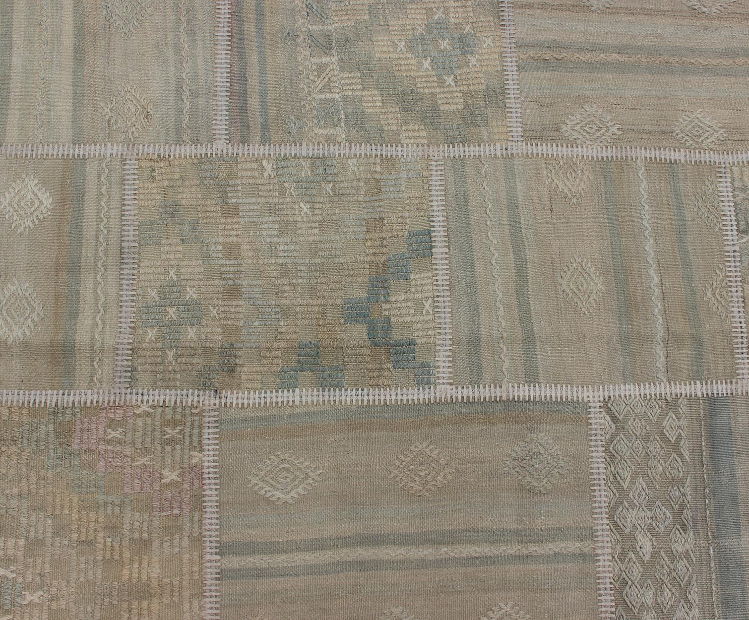 Wool Large Turkish Kilim in Tan, Blue, Taupe, Light Green & Neutral Colors For Sale