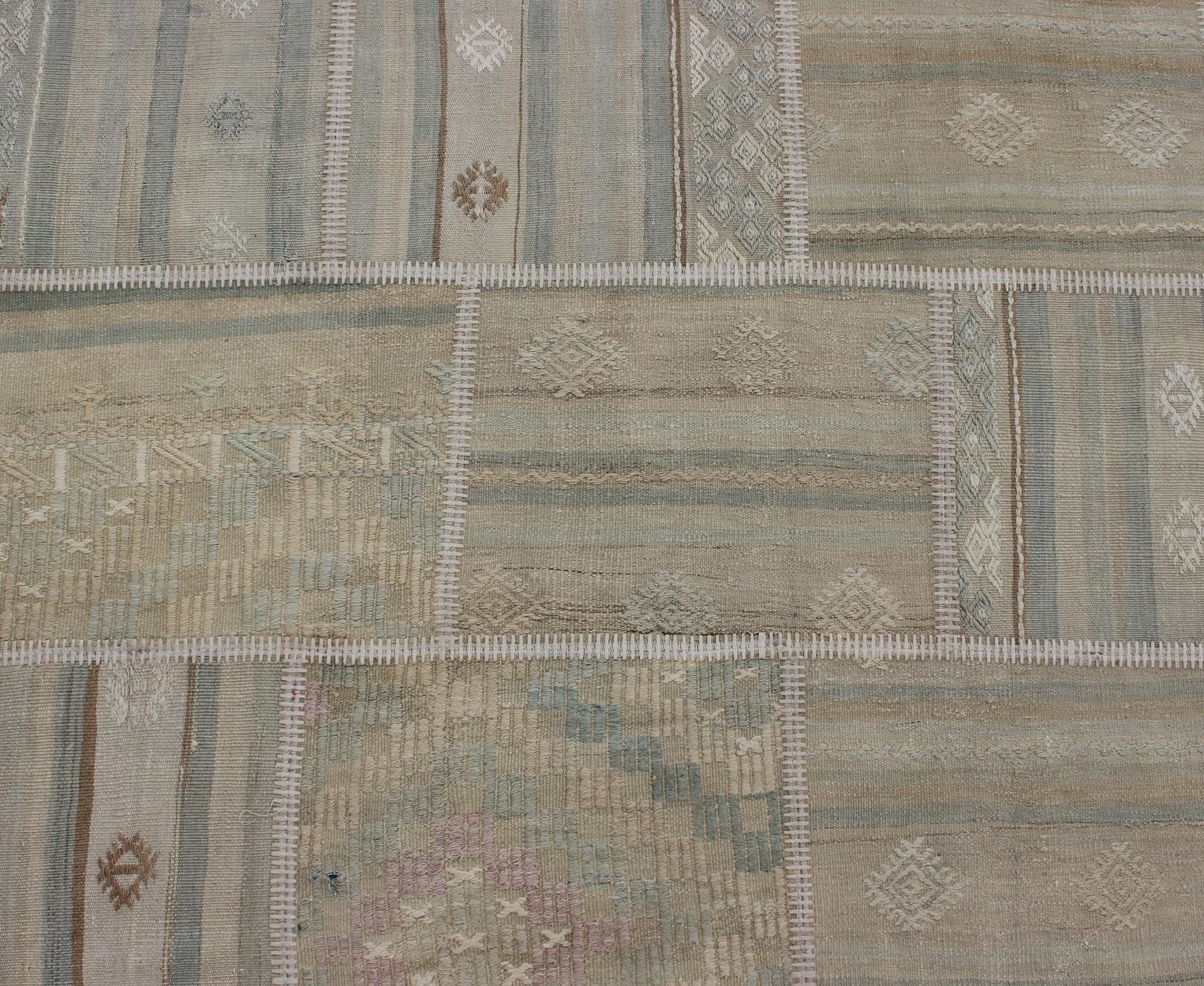 Large Turkish Kilim in Tan, Blue, Taupe, Light Green & Neutral Colors For Sale 1