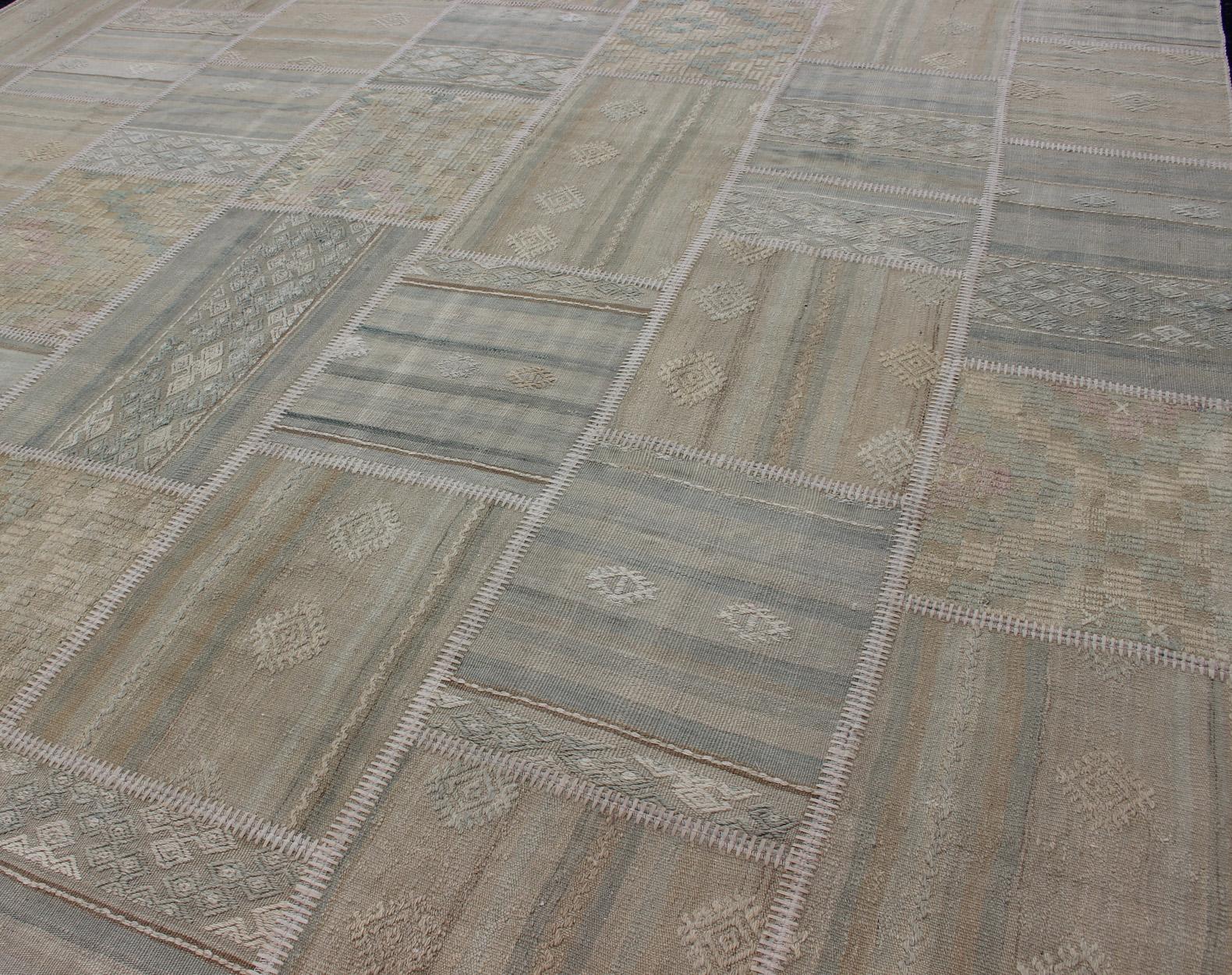 Large Turkish Kilim in Tan, Blue, Taupe, Light Green & Neutral Colors For Sale 2