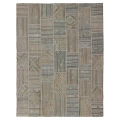 Retro Large Turkish Kilim in Tan, Blue, Taupe, Light Green & Neutral Colors