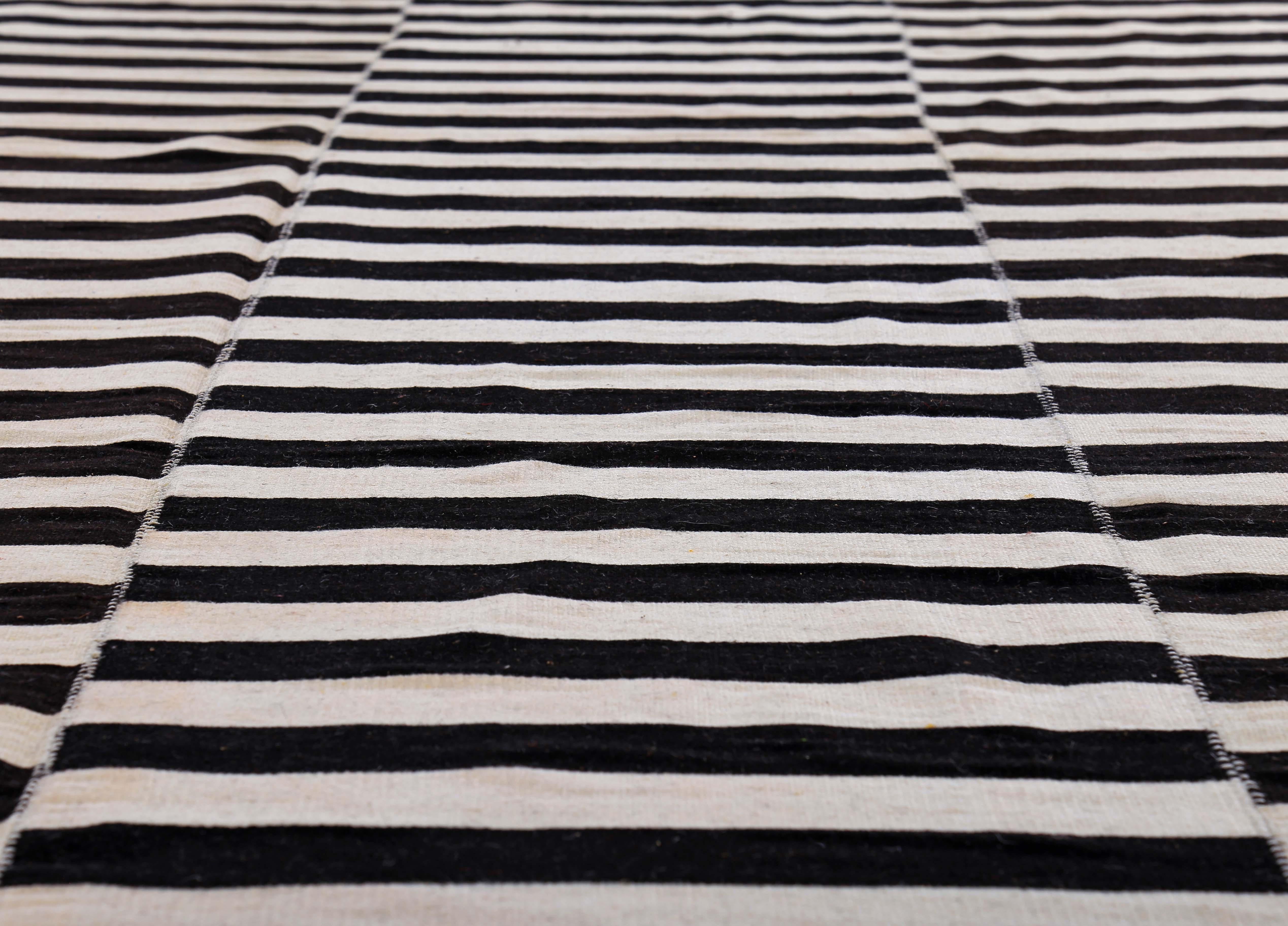 Hand-Woven Large Turkish Kilim Rug with Black Stripes on Ivory Field For Sale