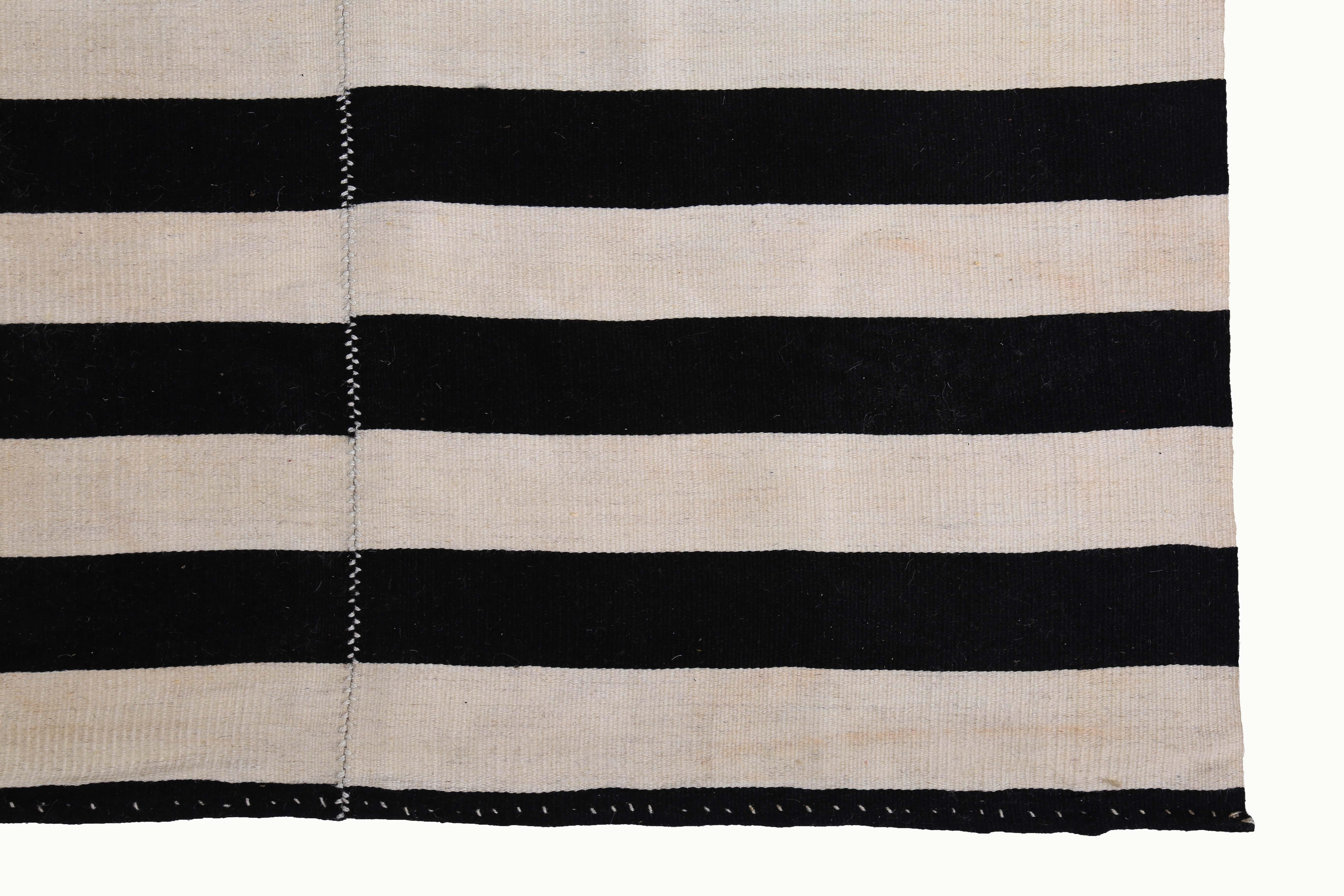 Contemporary Large Turkish Kilim Rug with Black Stripes on Ivory Field For Sale