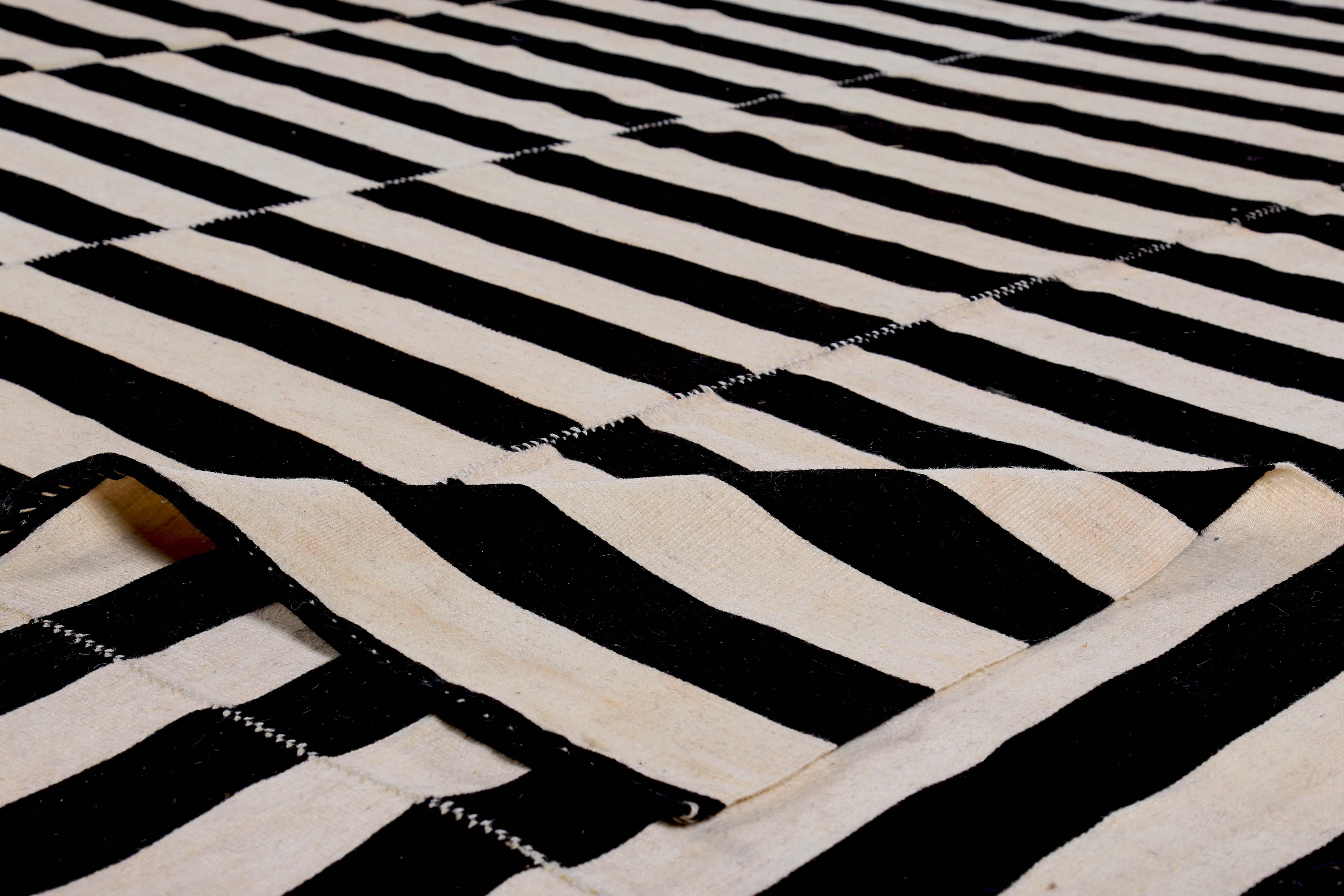 Wool Large Turkish Kilim Rug with Black Stripes on Ivory Field For Sale