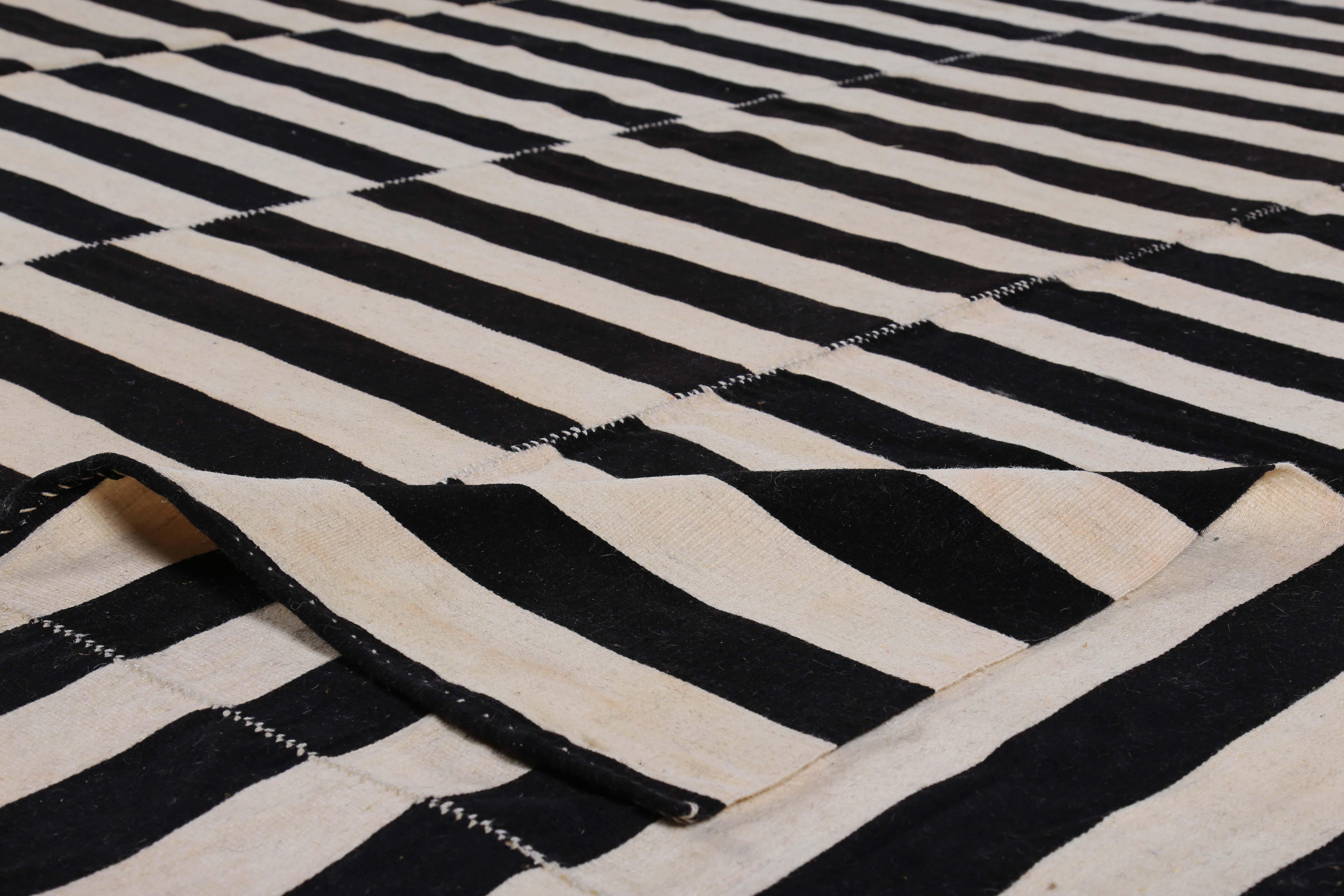 Wool Large Turkish Kilim Rug with Black Stripes on Ivory Field For Sale