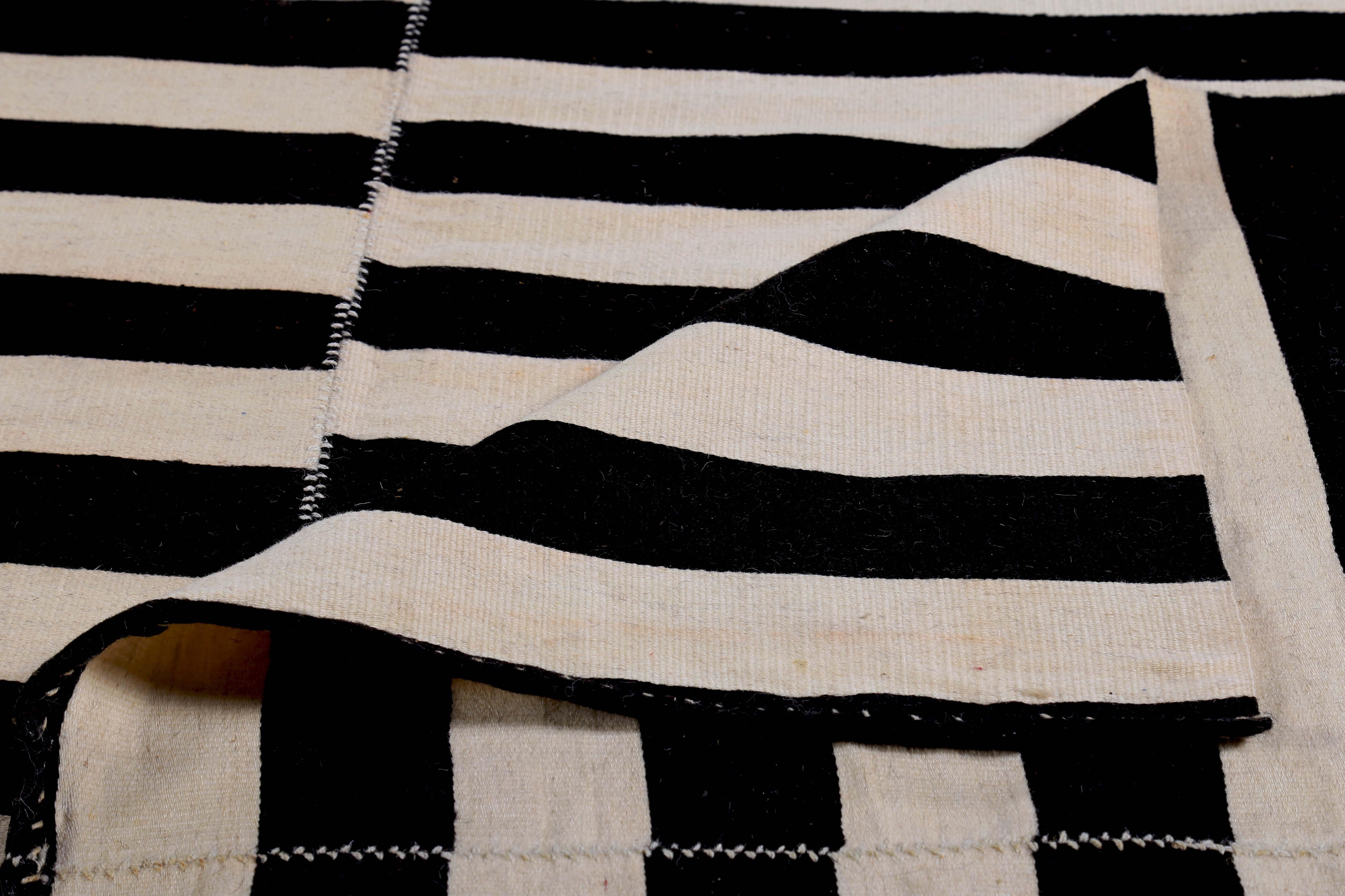 Large Turkish Kilim Rug with Black Stripes on Ivory Field For Sale 1