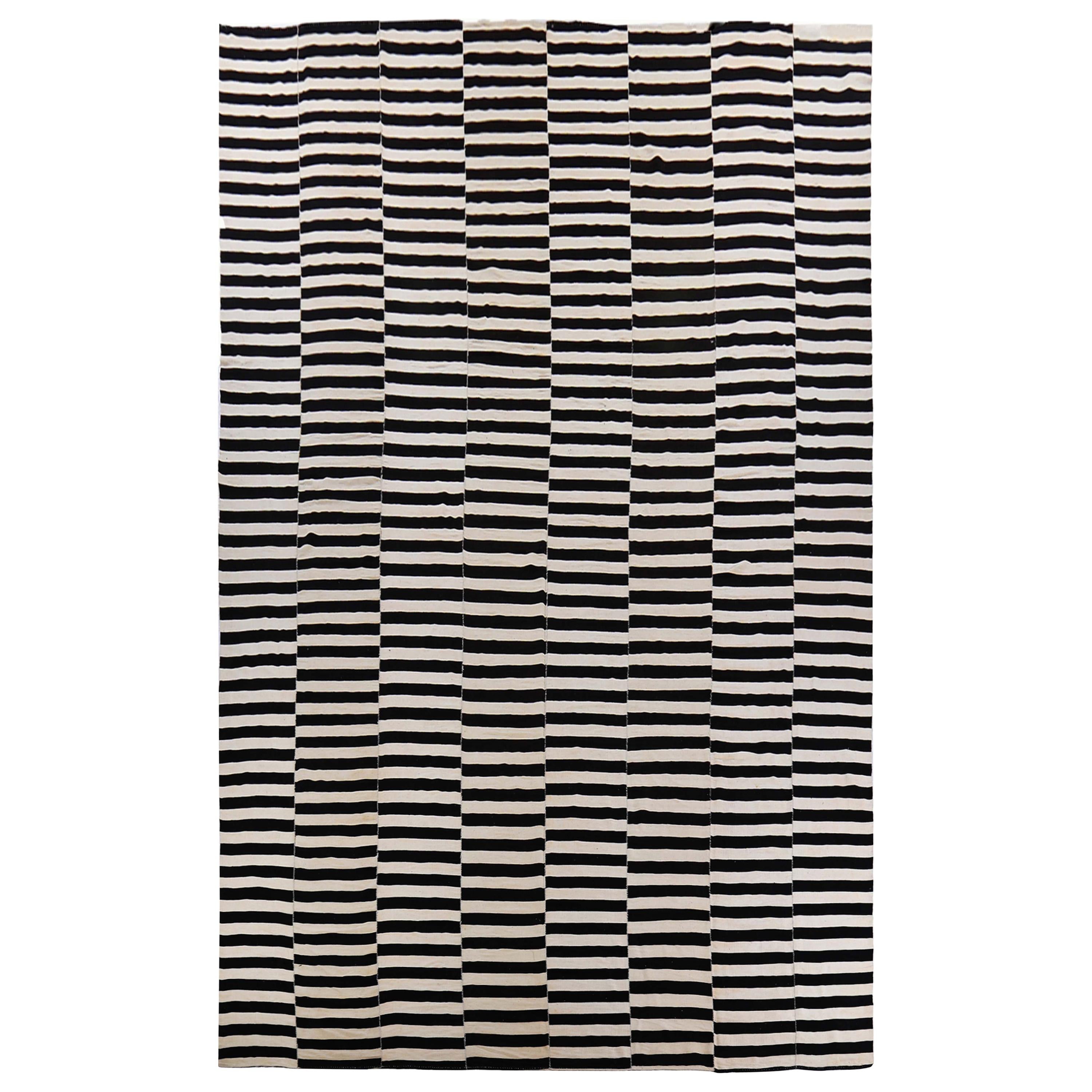 Large Turkish Kilim Rug with Black Stripes on Ivory Field