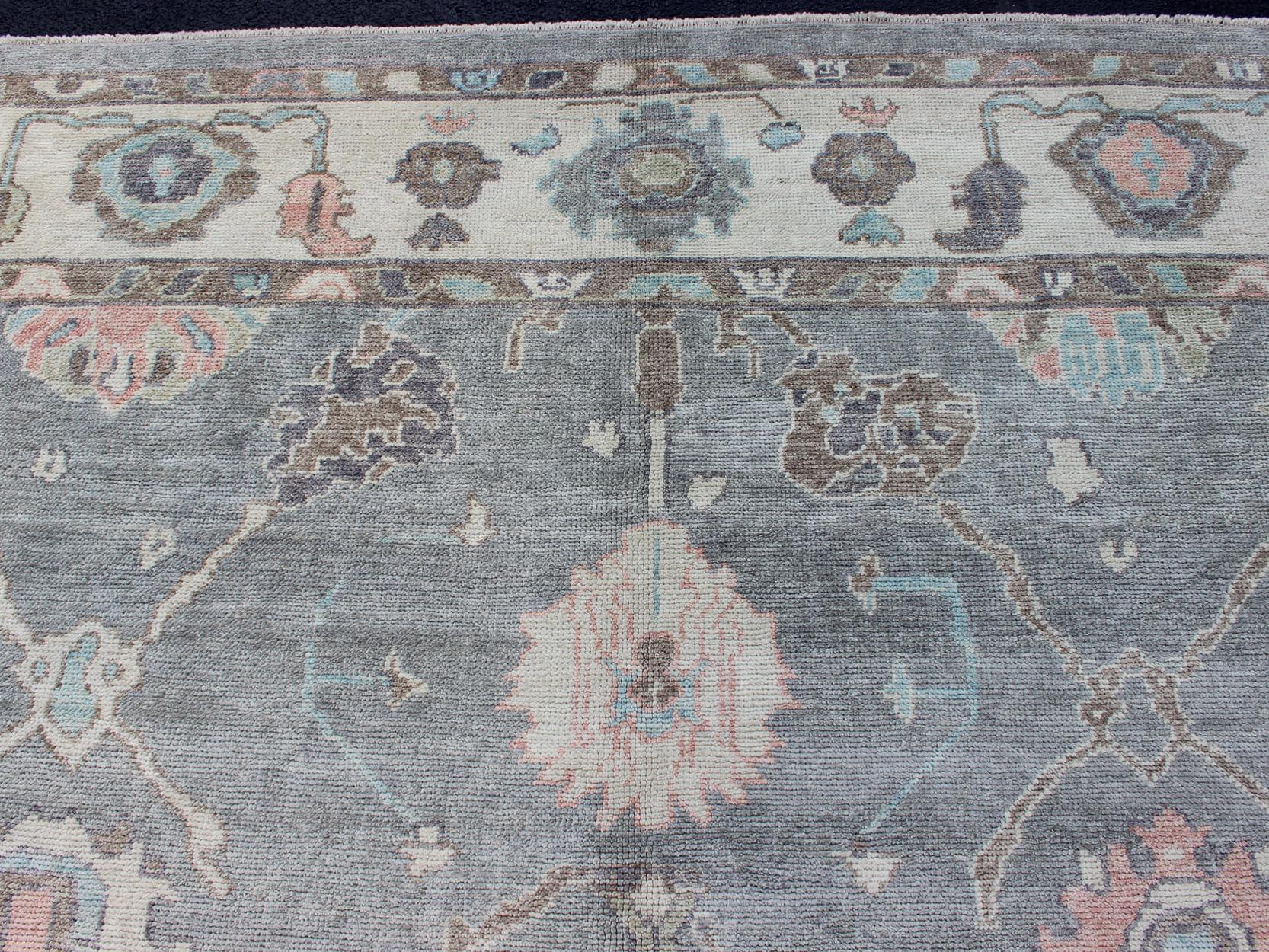 Contemporary Large Turkish Modern Oushak Rug in Gray, Pink, Neutrals and All-Over Design For Sale