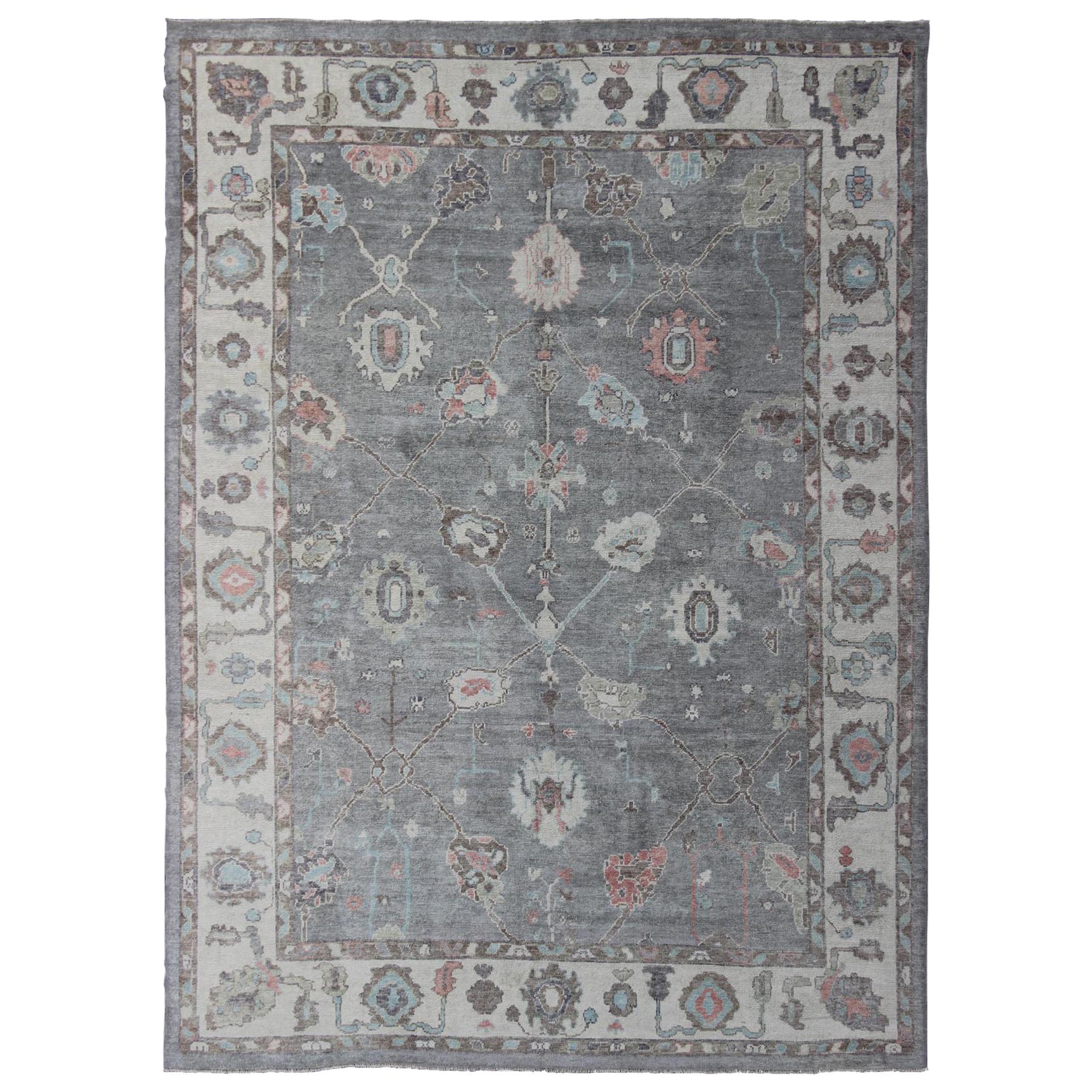 Large Turkish Modern Oushak Rug in Gray, Pink, Neutrals and All-Over Design For Sale