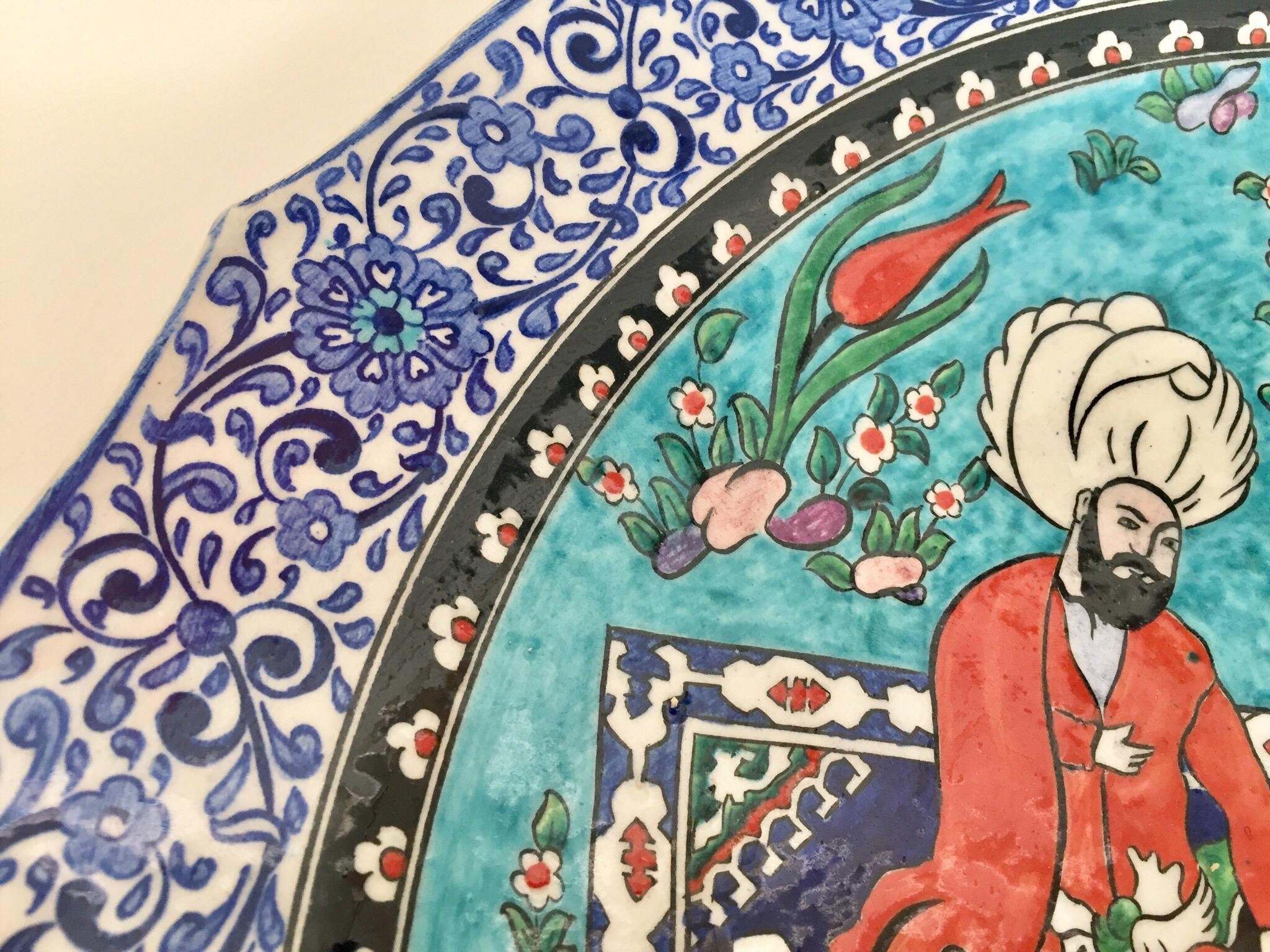 Large Turkish Ottoman Scene Polychrome Hand Painted Ceramic Plate Kutahya 1
