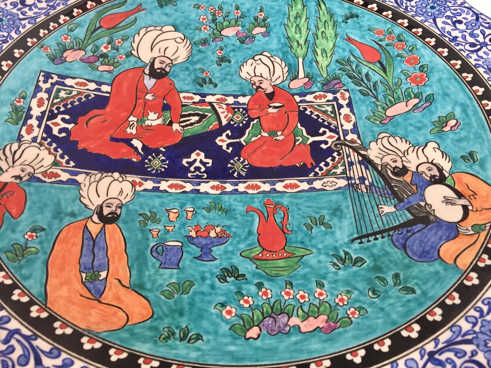 Large Turkish Ottoman Scene Polychrome Hand Painted Ceramic Plate Kutahya 2