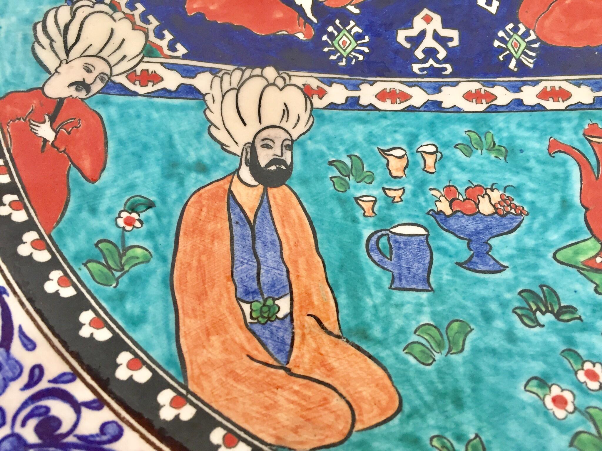Large Turkish Ottoman Scene Polychrome Hand Painted Ceramic Plate Kutahya 3