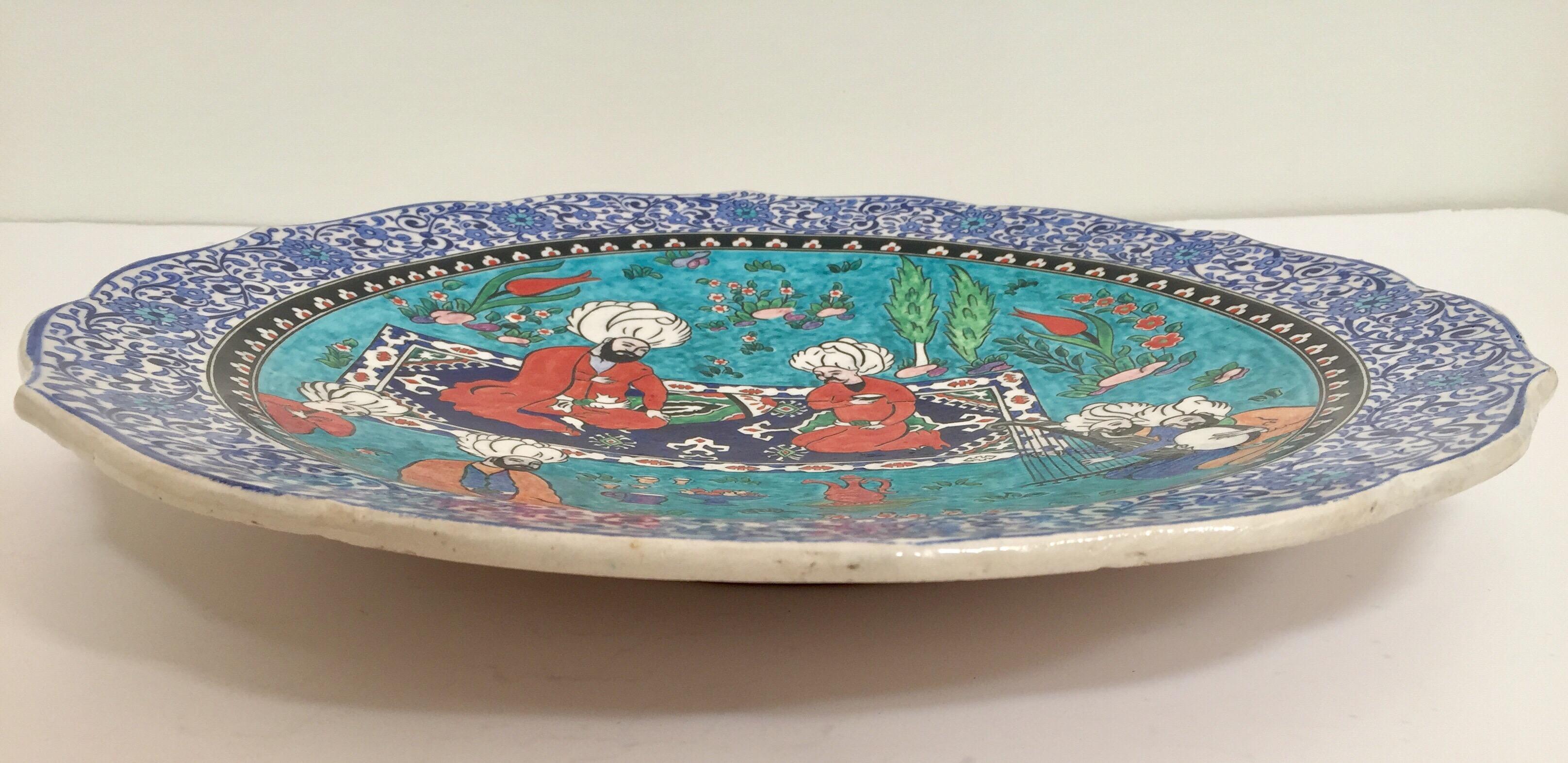 Large Turkish Ottoman Scene Polychrome Hand Painted Ceramic Platter Kutahya 8