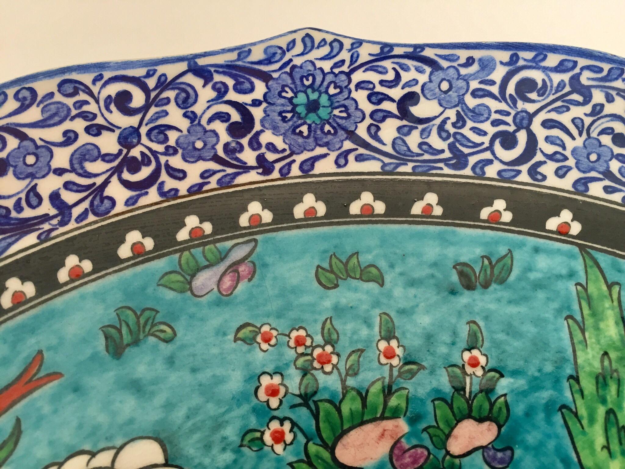 Large Turkish Ottoman Scene Polychrome Hand Painted Ceramic Platter Kutahya 9