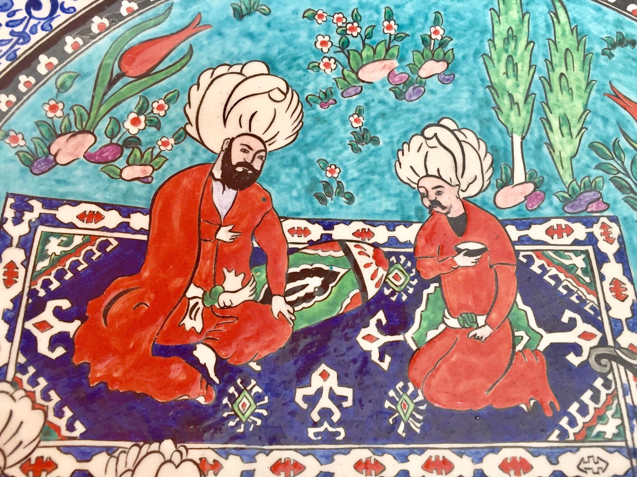 Large Turkish Ottoman Scene Polychrome Hand Painted Ceramic Platter Kutahya 10