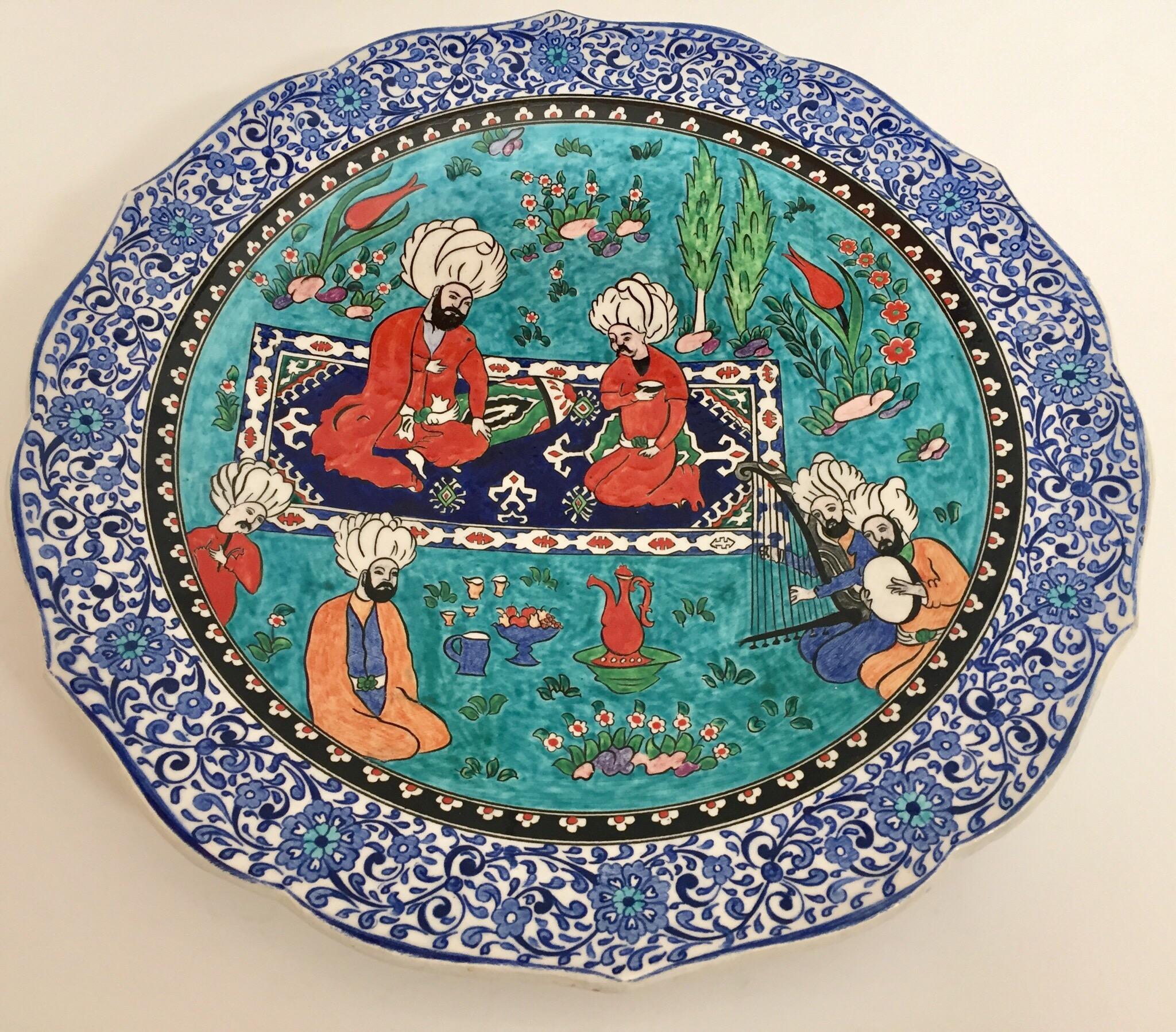 Islamic Large Turkish Ottoman Scene Polychrome Hand Painted Ceramic Platter Kutahya