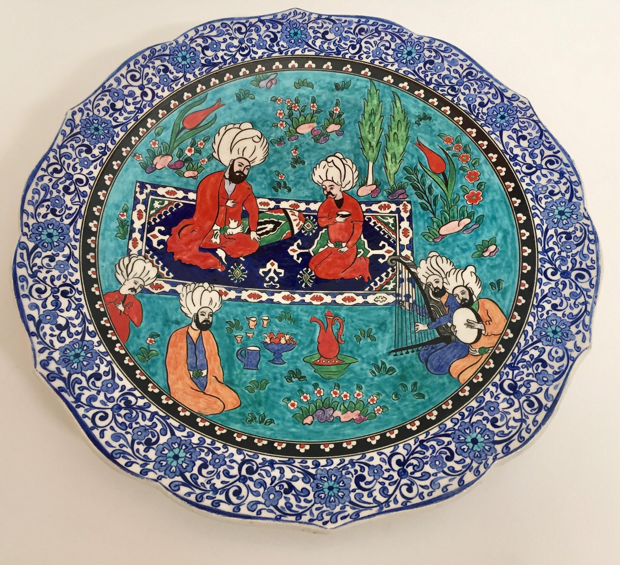 Hand-Crafted Large Turkish Ottoman Scene Polychrome Hand Painted Ceramic Platter Kutahya