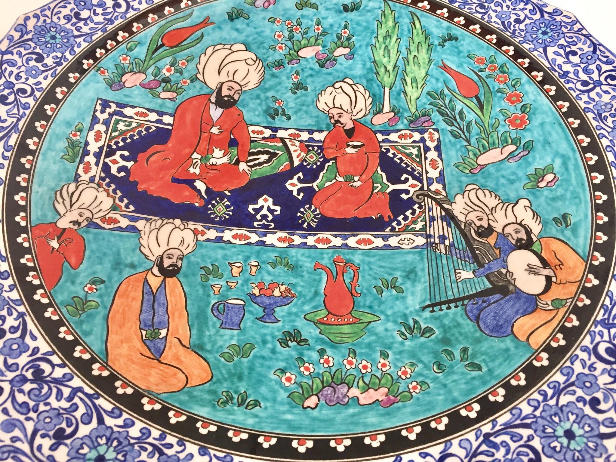 Large Turkish Ottoman Scene Polychrome Hand Painted Ceramic Platter Kutahya In Good Condition In North Hollywood, CA