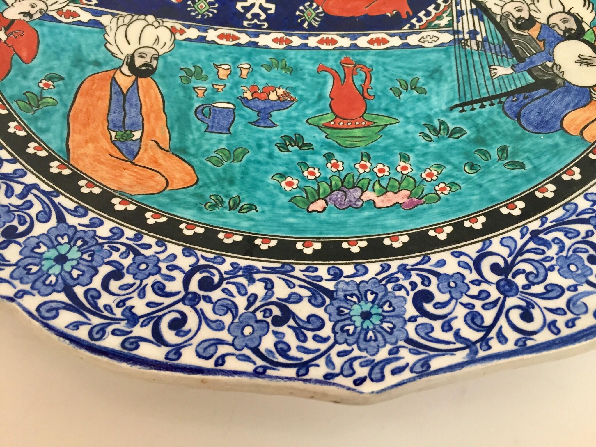 Islamic Large Turkish Ottoman Scene Polychrome Hand Painted Ceramic Plate Kutahya