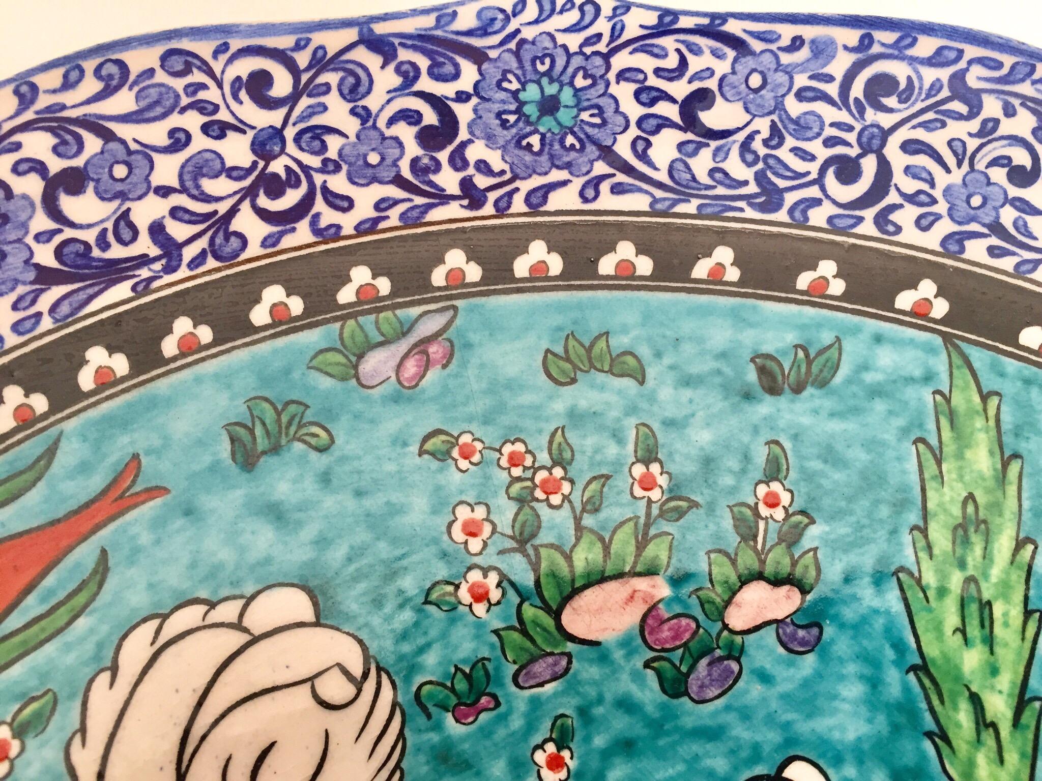 Hand-Crafted Large Turkish Ottoman Scene Polychrome Hand Painted Ceramic Plate Kutahya