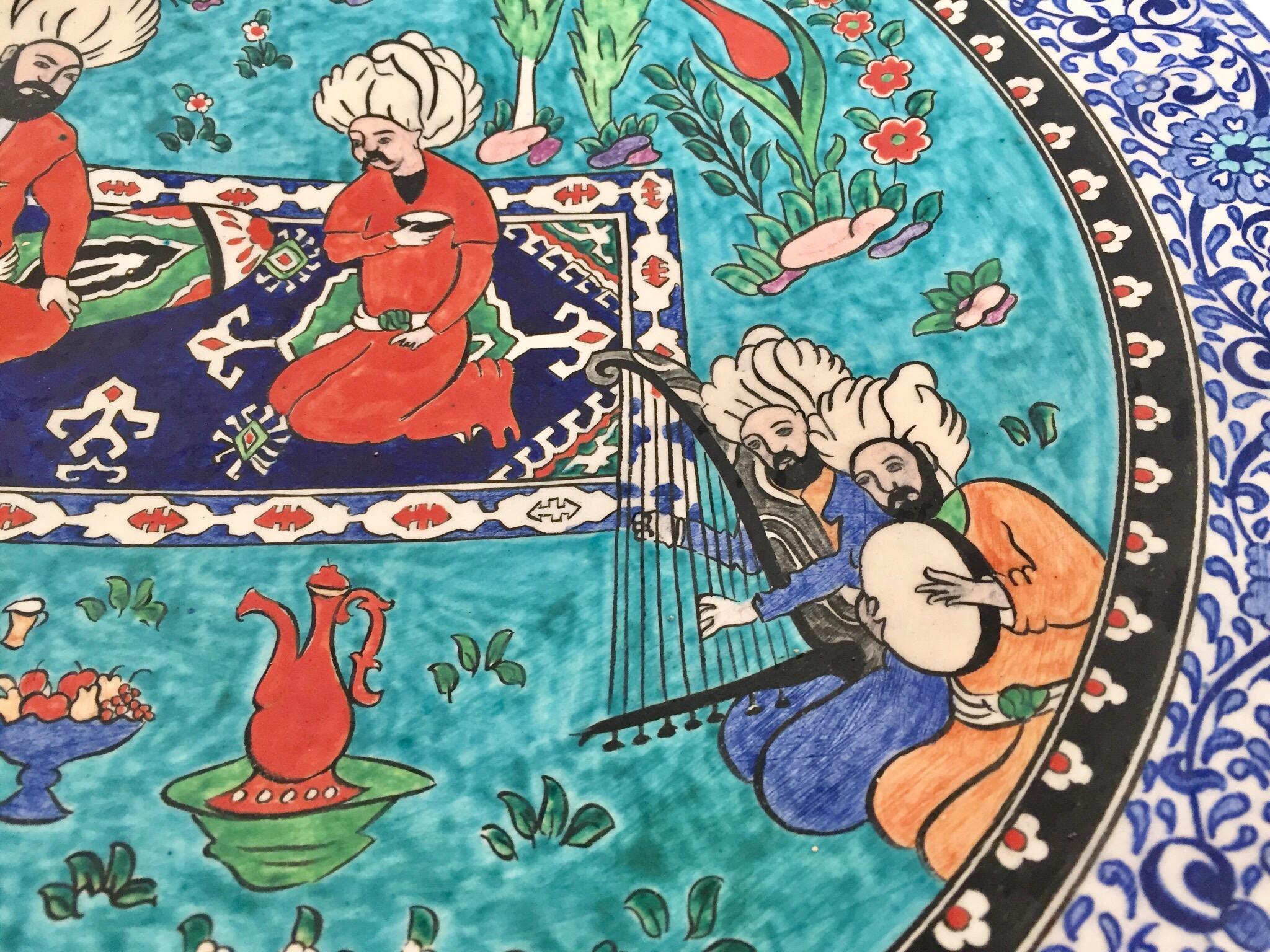 Large Turkish Ottoman Scene Polychrome Hand Painted Ceramic Platter Kutahya 2