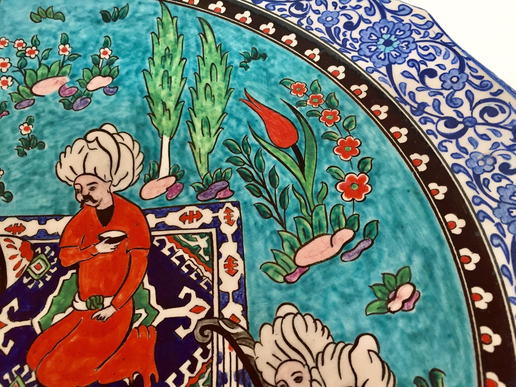 Large Turkish Ottoman Scene Polychrome Hand Painted Ceramic Platter Kutahya 3