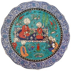 Retro Large Turkish Ottoman Scene Polychrome Hand Painted Ceramic Plate Kutahya