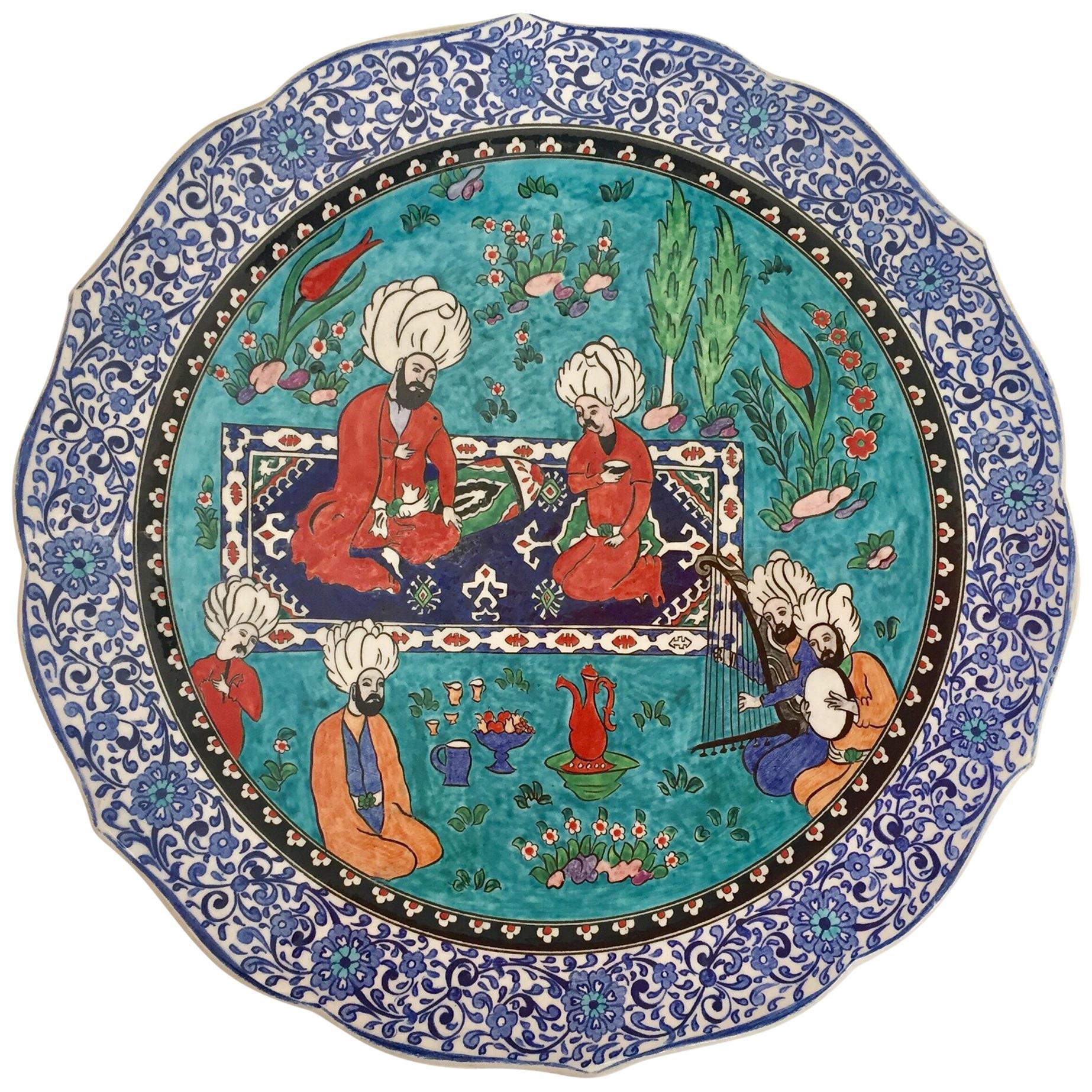 Large Turkish Ottoman Scene Polychrome Hand Painted Ceramic Platter Kutahya