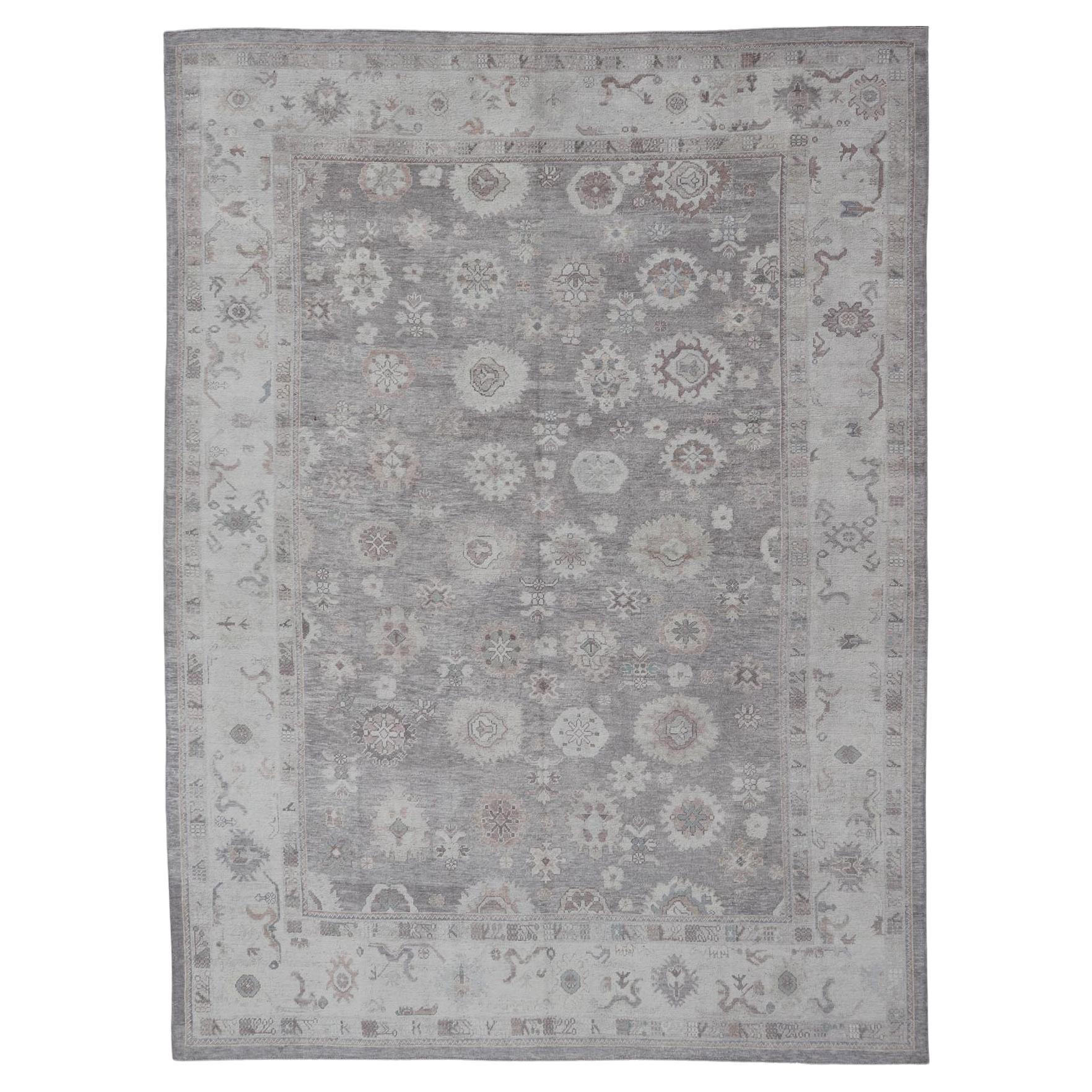 Large Turkish Oushak Rug in Soft Gray, Ivory, and Taupe with Floral Motifs