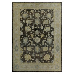 Large Turkish Oushak Rug with Blue and Gold Floral Details on Brown Field