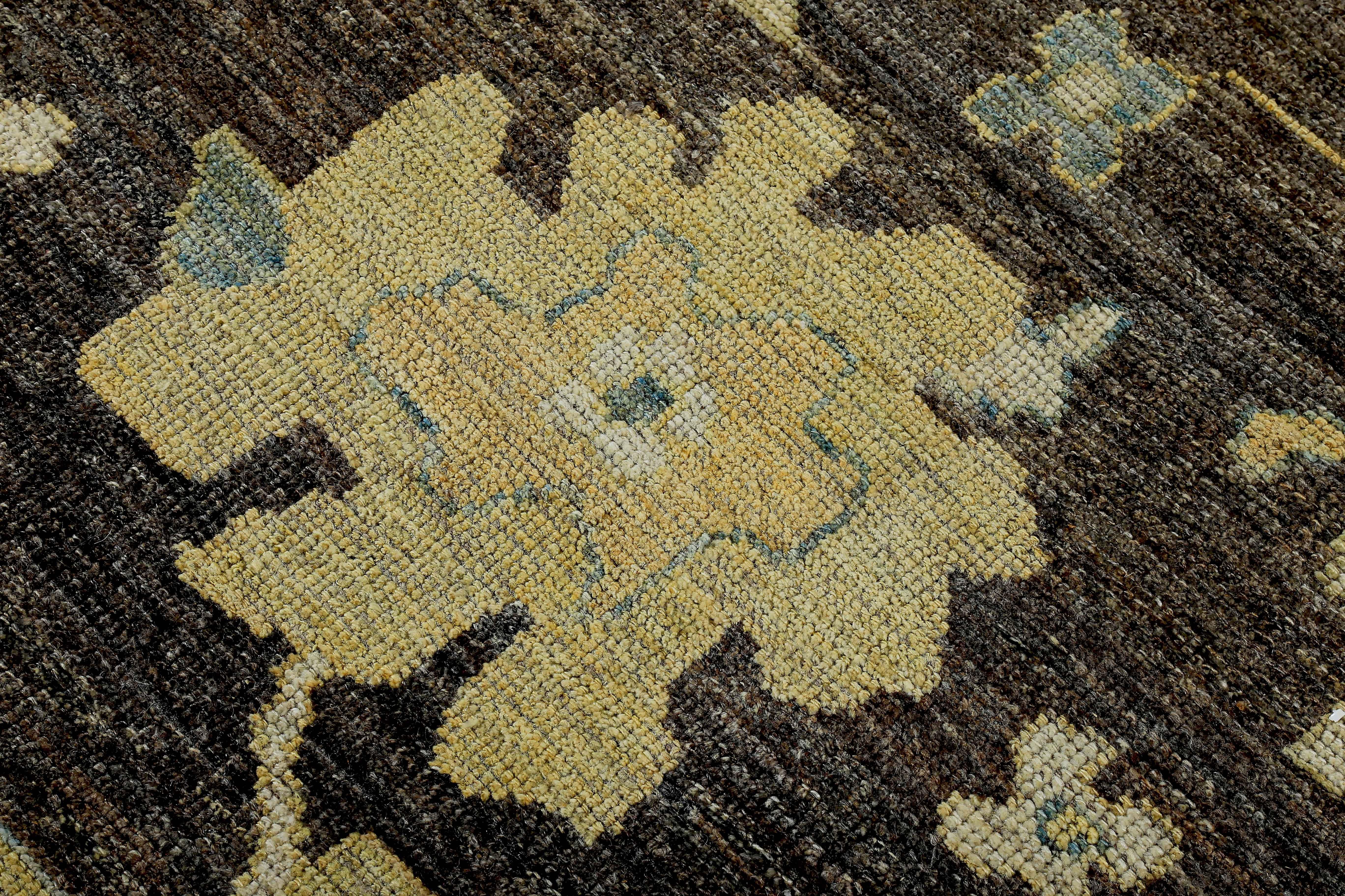 Contemporary Large Turkish Oushak Rug with Blue and Gold Floral Details on Brown Field For Sale