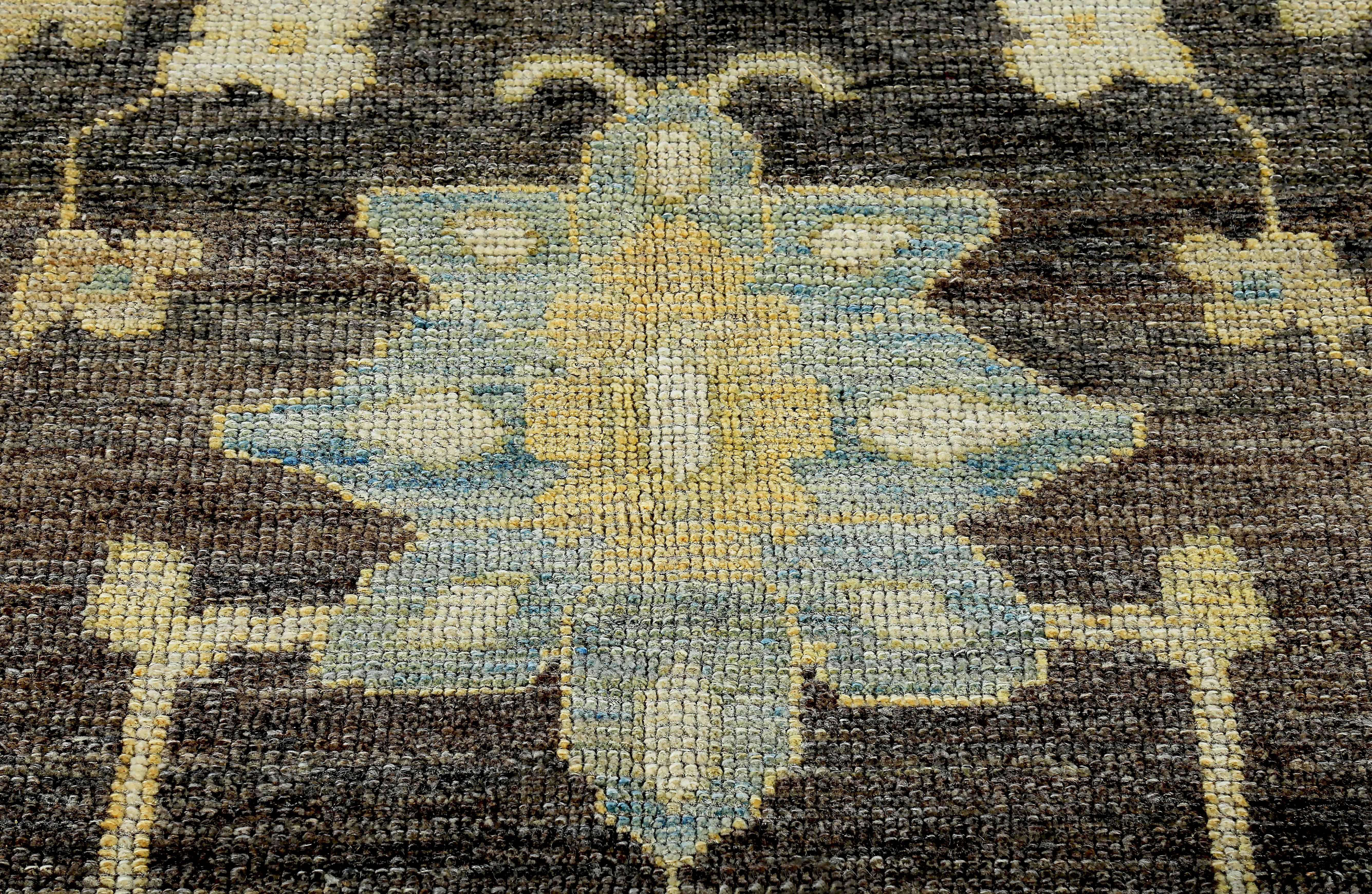 Large Turkish Oushak Rug with Blue and Gold Floral Details on Brown Field For Sale 1