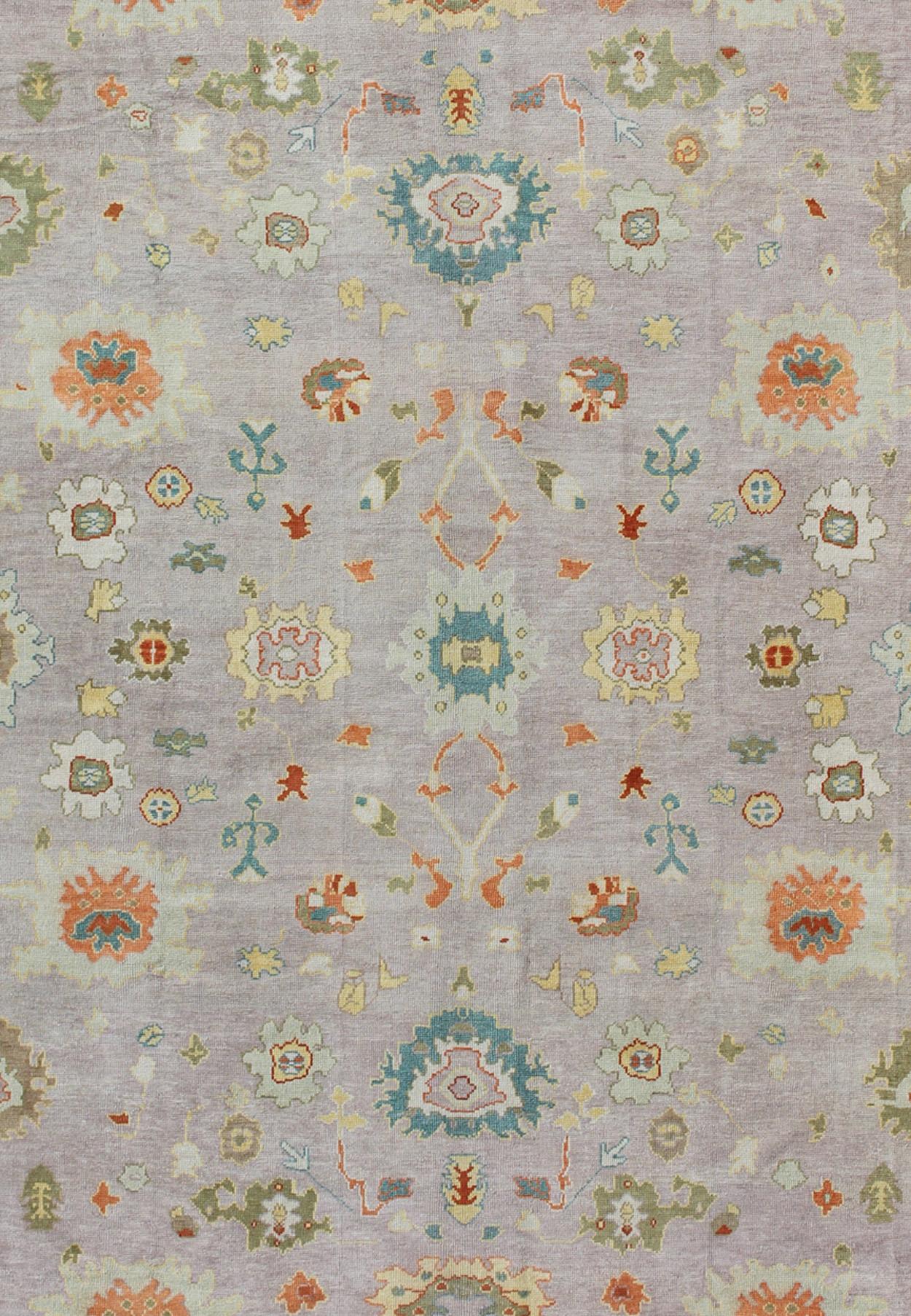 Hand-Knotted Colorful Turkish Oushak Rug With All-Over Flower Design in Lavender, Light Green For Sale