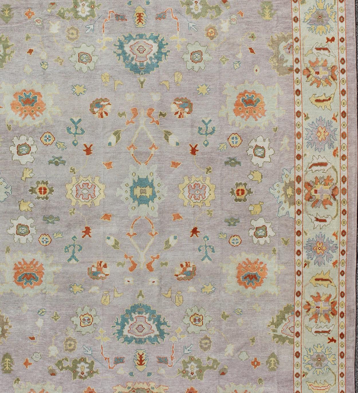 Colorful Turkish Oushak Rug With All-Over Flower Design in Lavender, Light Green In New Condition For Sale In Atlanta, GA