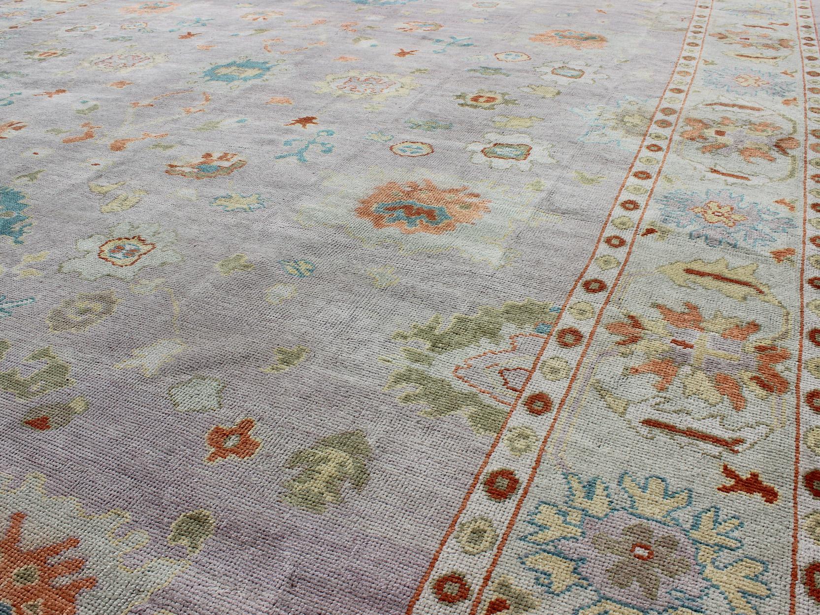 Contemporary Colorful Turkish Oushak Rug With All-Over Flower Design in Lavender, Light Green For Sale