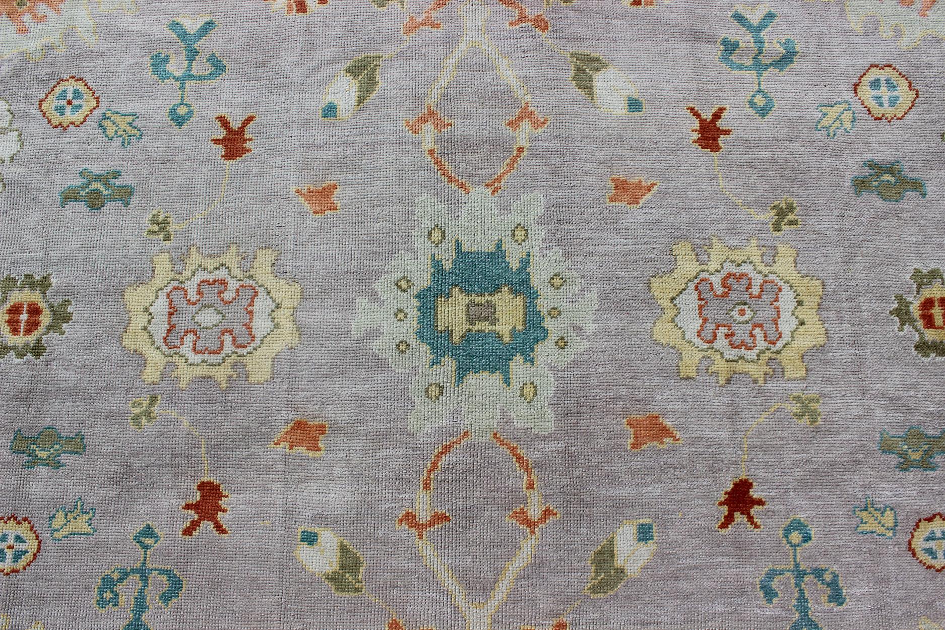 Wool Colorful Turkish Oushak Rug With All-Over Flower Design in Lavender, Light Green For Sale