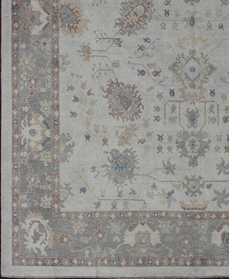 Large Turkish Oushak Rug with Neutral Color Palette and AllOver Flower