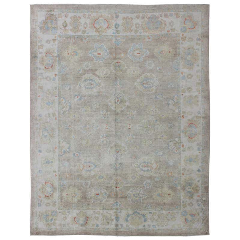 Large Turkish Oushak Rug with Neutral Color Palette and All-Over Flower ...